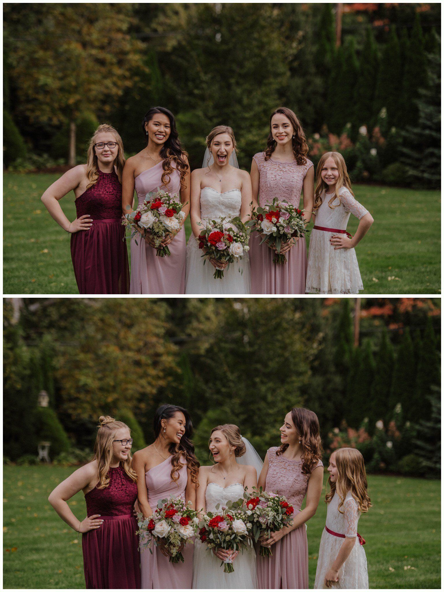 Two bridesmaids and three women in dresses holding bouquets outdoors in a garden, smiling and chatting