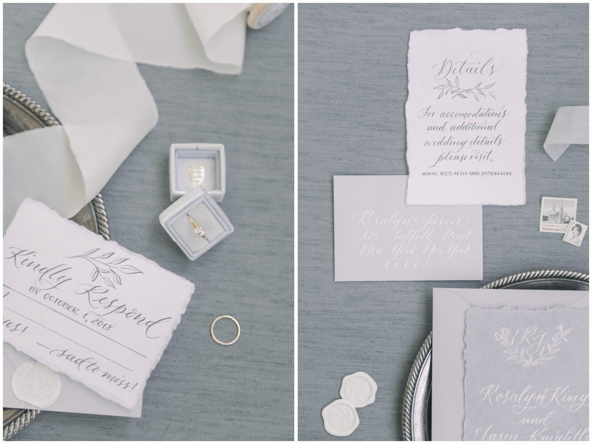 Flat lay of wedding stationery, rings, ribbons, and calligraphy cards on a gray background