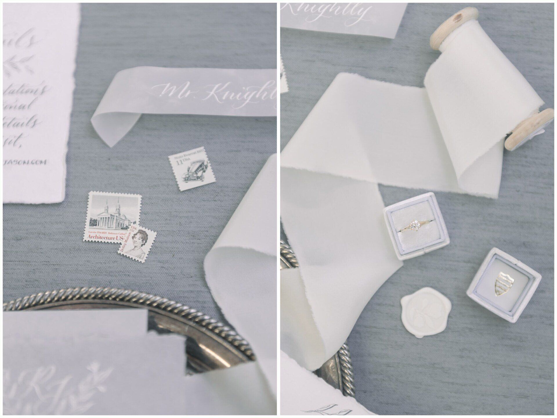 Pastel blue-gray flat lay with stationery, envelopes, wax seal, and a silver bracelet on a tabletop