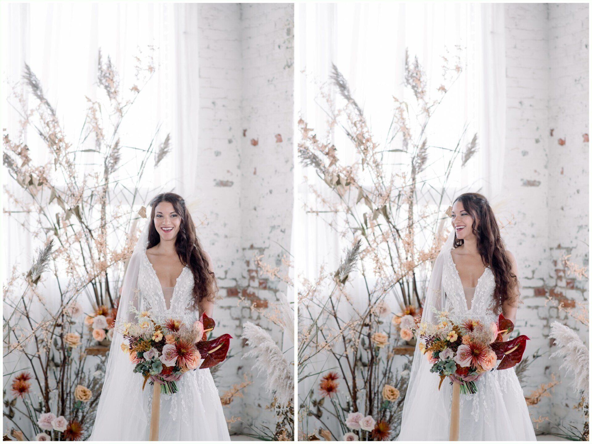 Bride in a white gown holding a colorful bouquet beside white columns and dried floral arrangements.