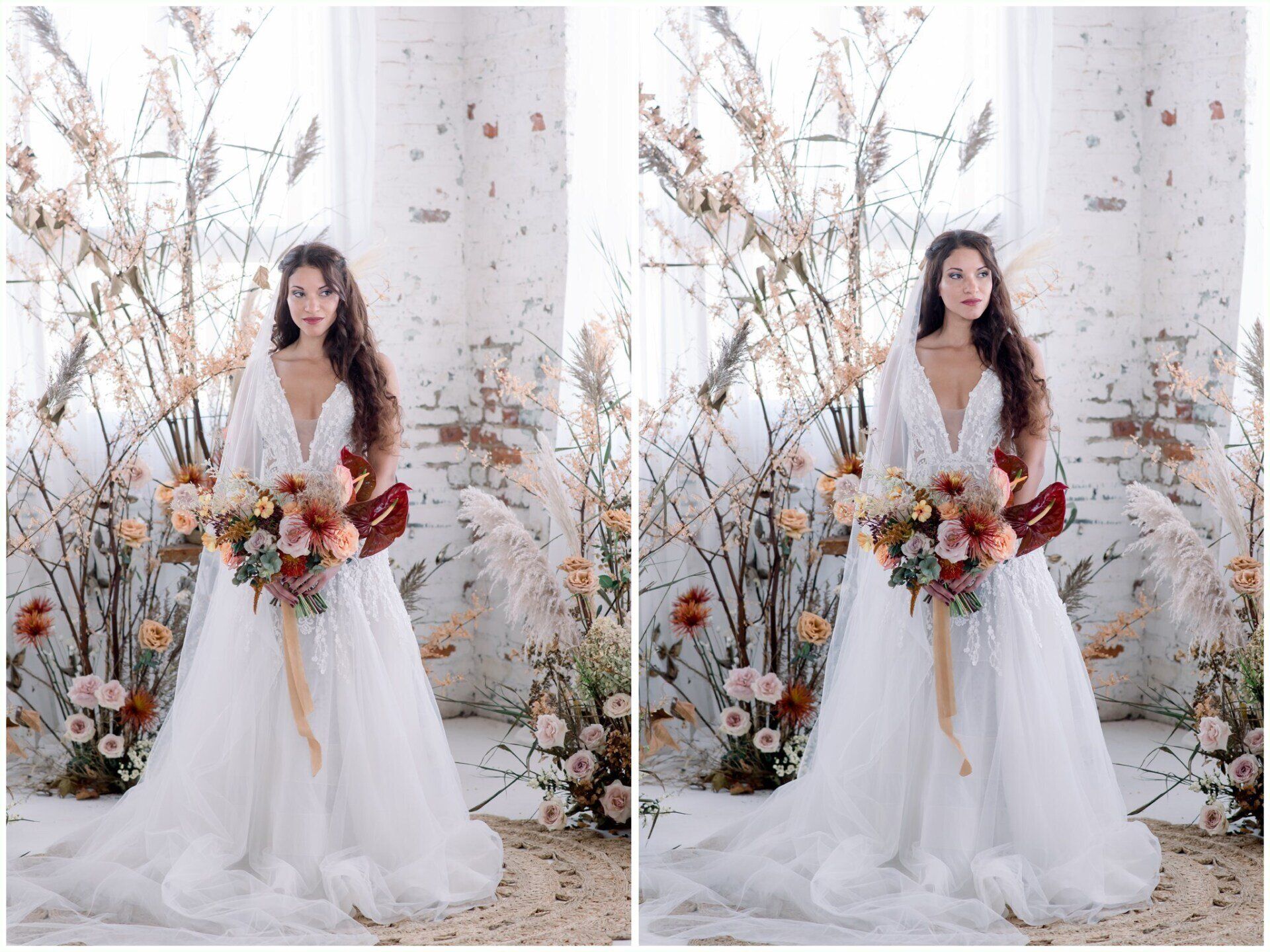 Woman in a white gown holding a bouquet, standing before floral branches and a white backdrop