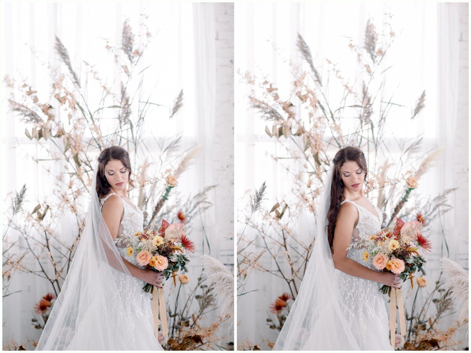 Bride in a white dress holding a colorful bouquet beside tall dried floral arrangements.