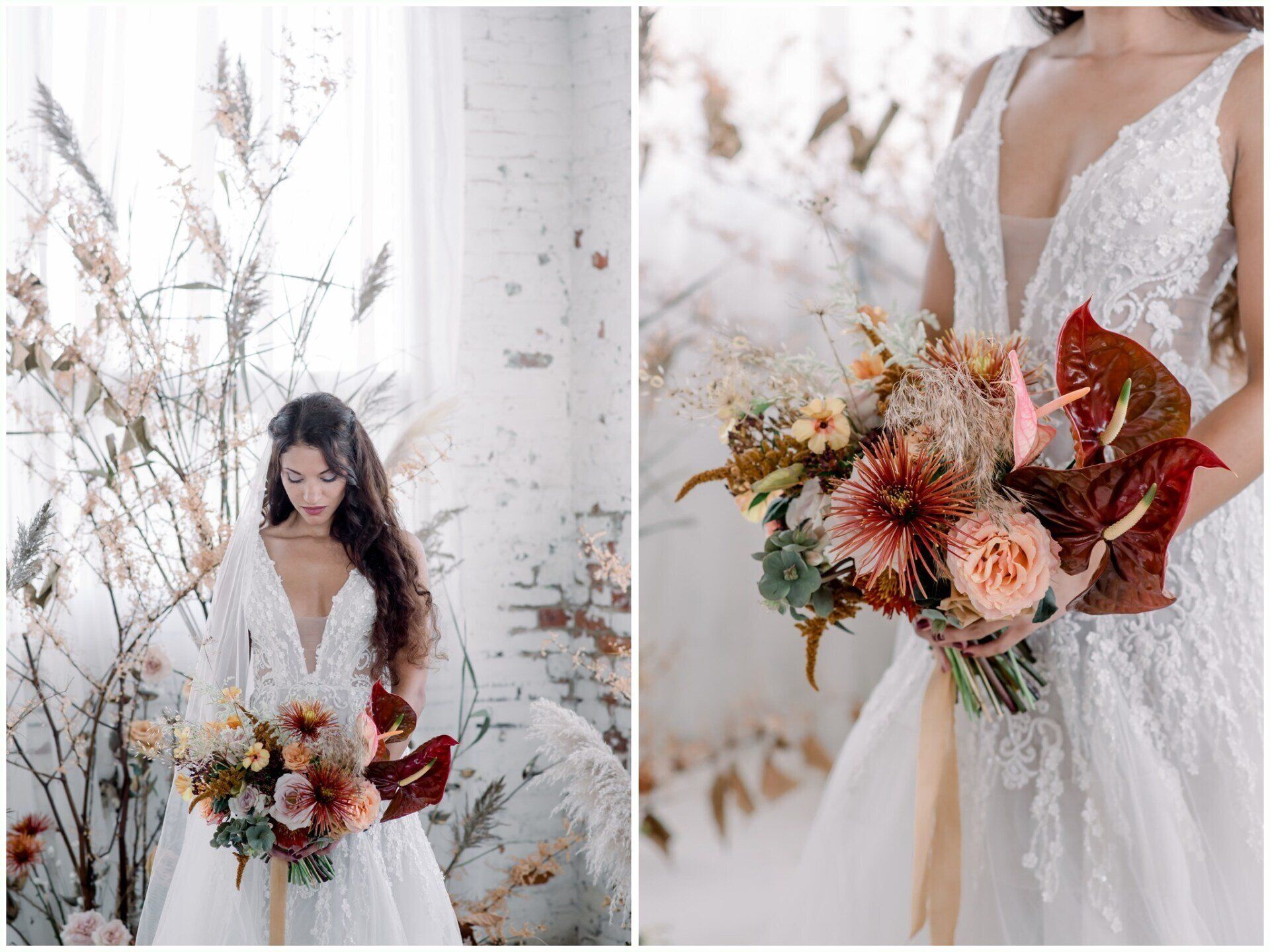 Bride in white lace dress holding a colorful bouquet in a bright floral setting
