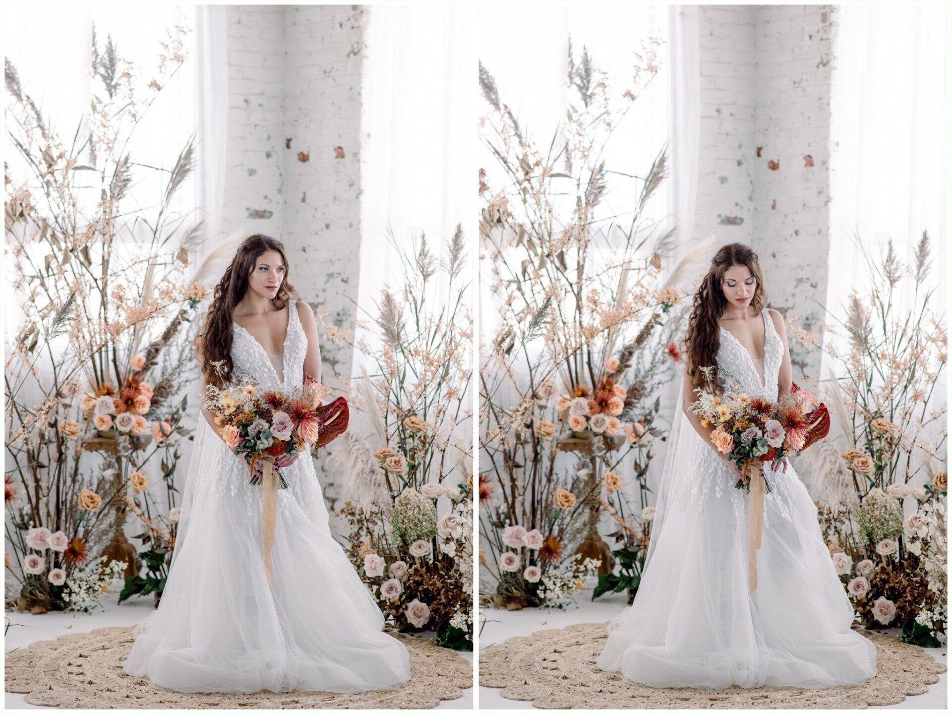 Bride in white gown holding a bouquet in a bright floral wedding setting