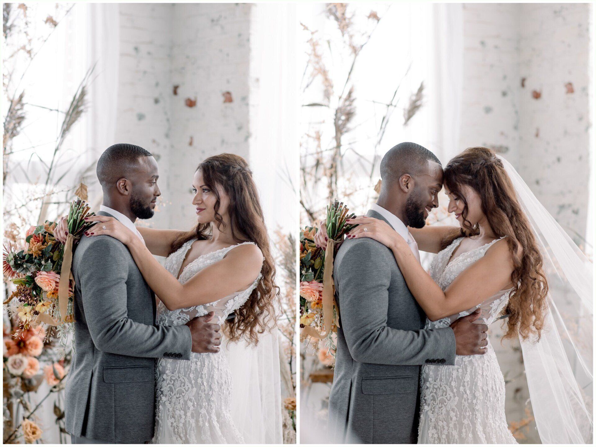 Couple embracing in a bright, elegant room with white curtains and floral arrangements