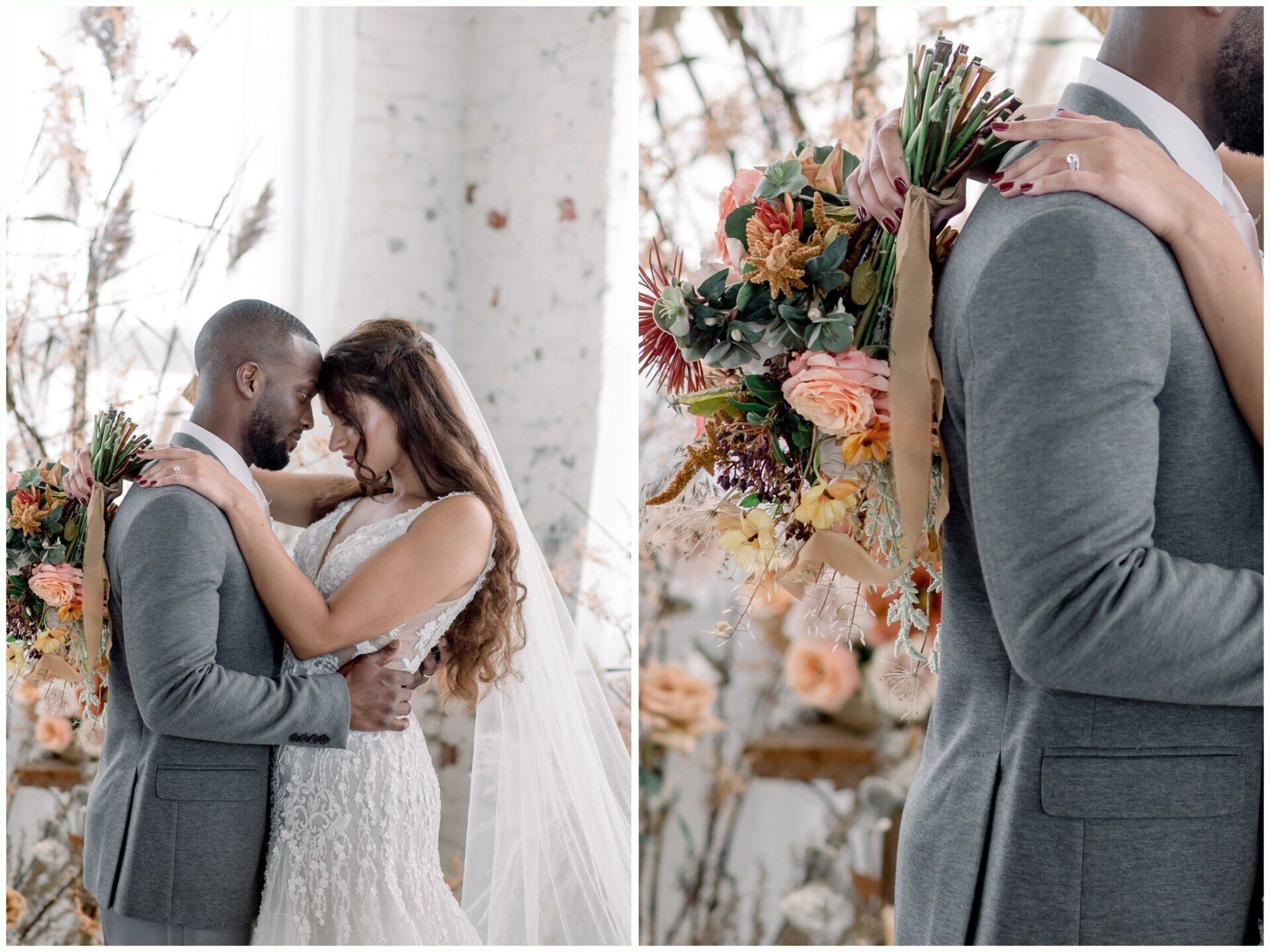 Couple embracing at a wedding altar beside pastel floral arrangements