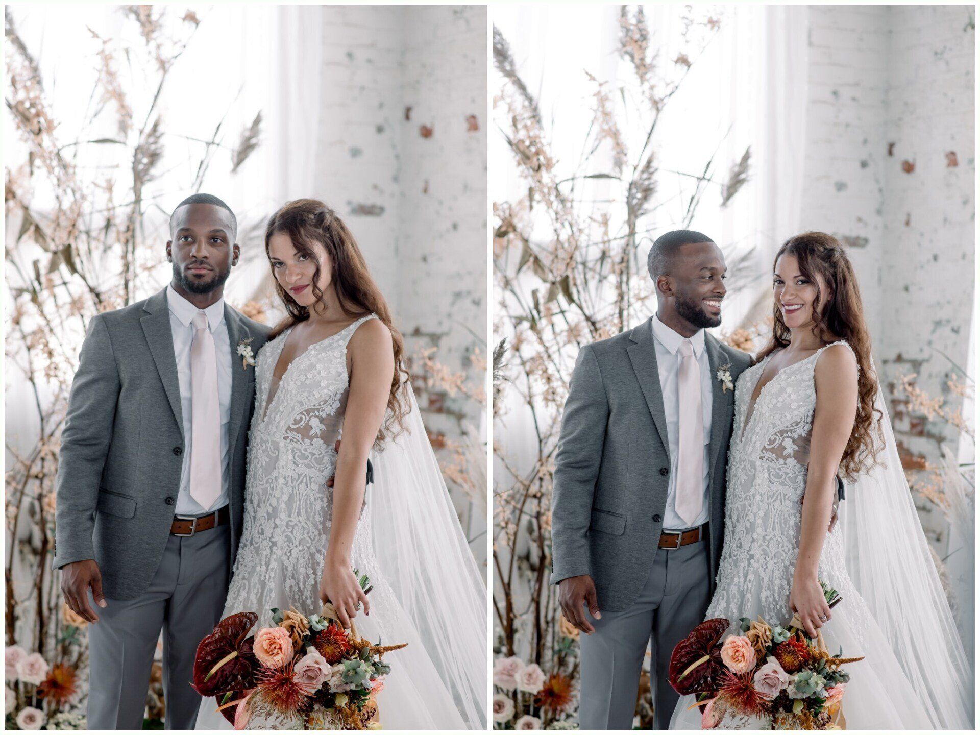 Couple in formal attire posing with a bouquet in a bright, elegant setting