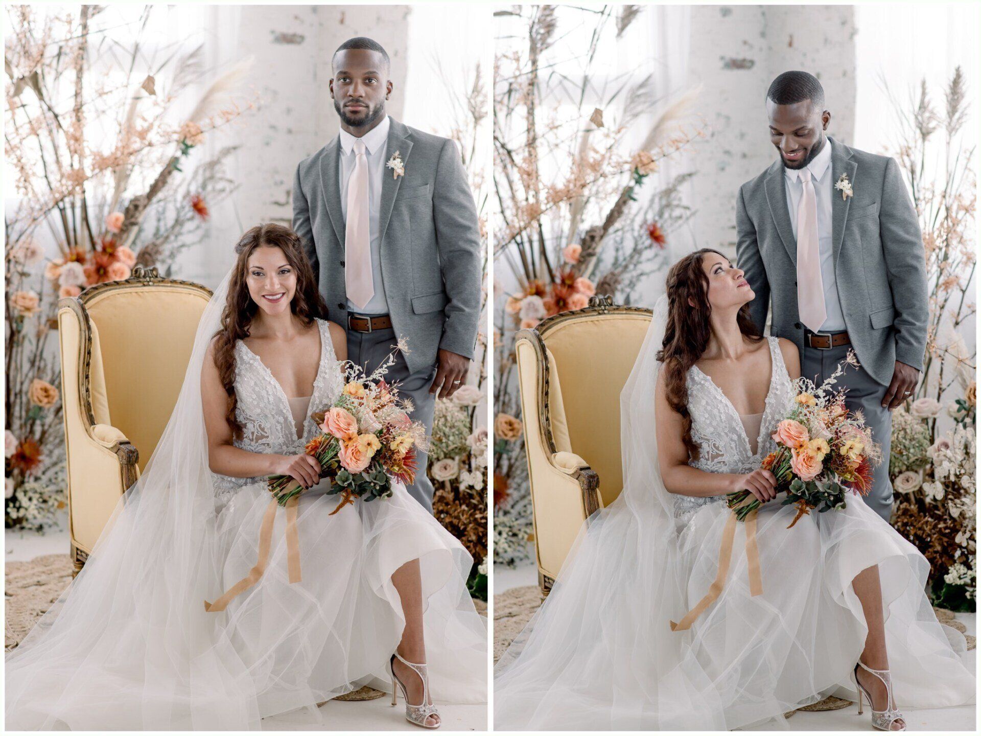 Bride and groom posed in a white floral wedding setting, seated and standing beside a bouquet