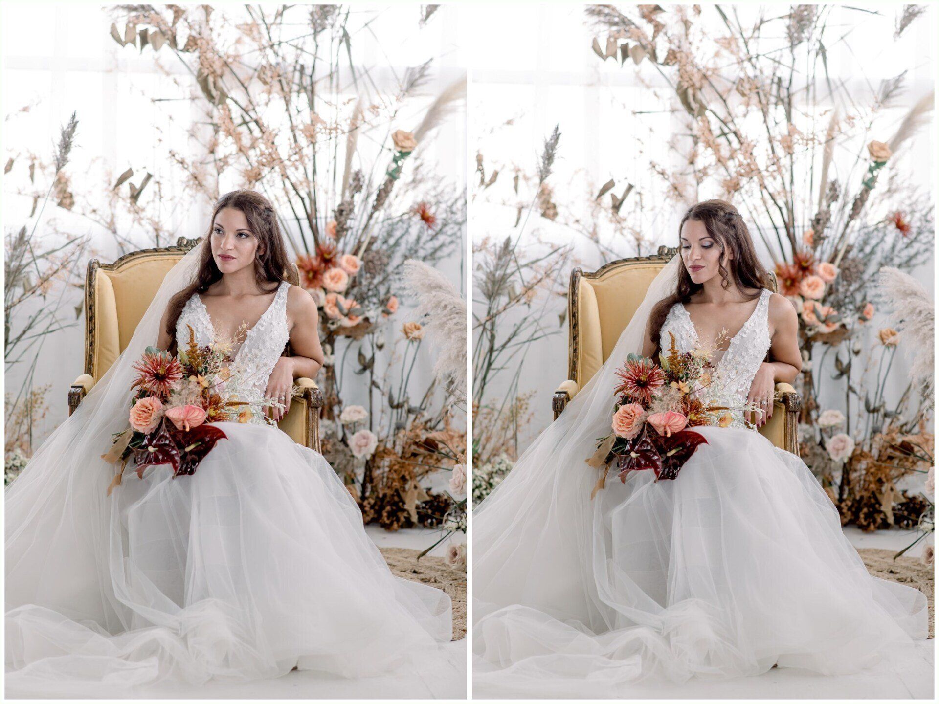 Bride in a white gown holding a bouquet, seated in a floral wedding setup.