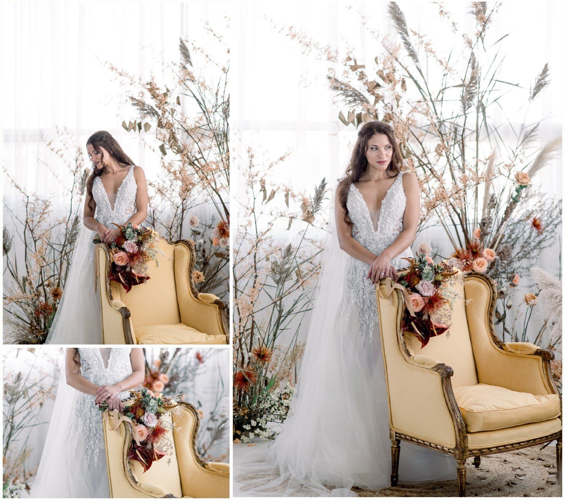 Bride in white gown beside gold chair, with dried floral arrangement in a bright studio setting