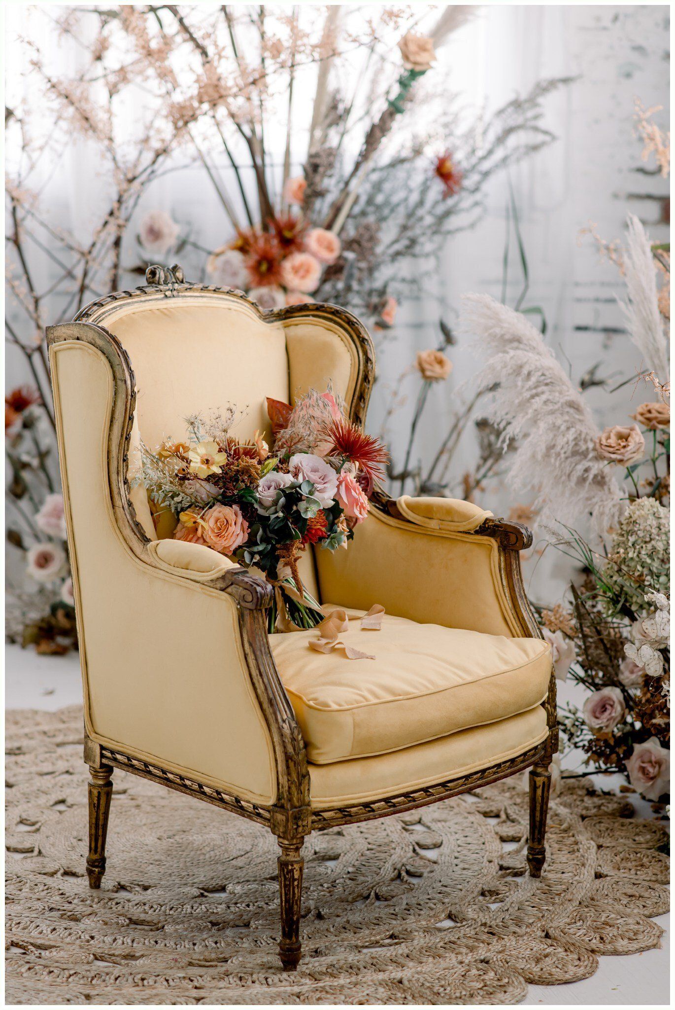 Cream upholstered armchair with floral arrangement in a soft, rustic wedding-style setting
