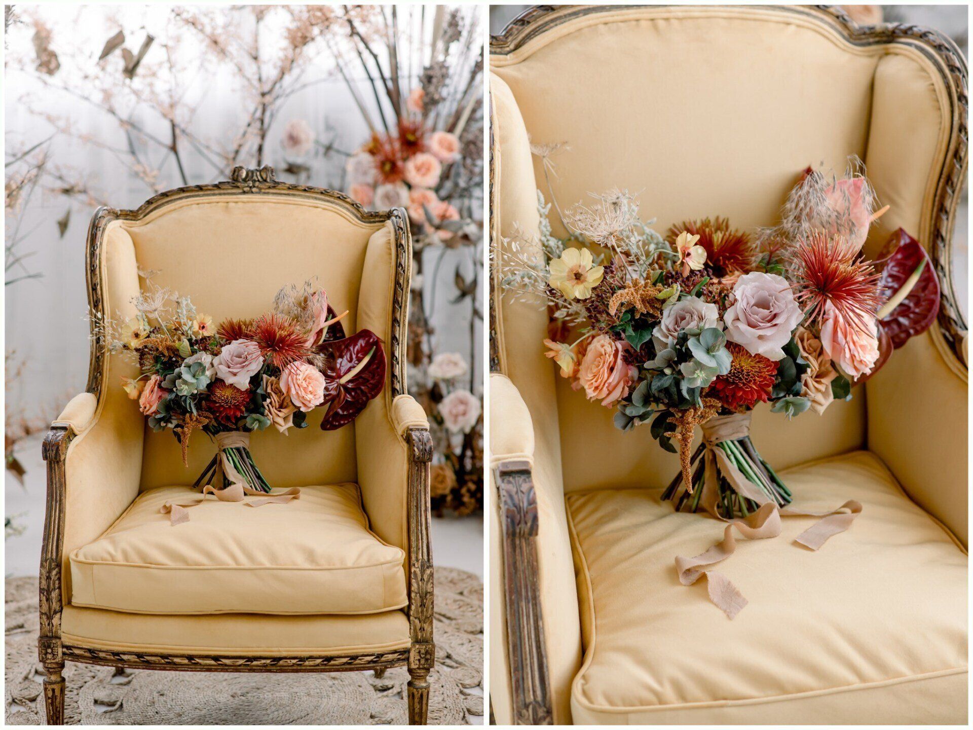 Vintage beige chair with a bouquet of pink and burgundy flowers on the seat and backrest