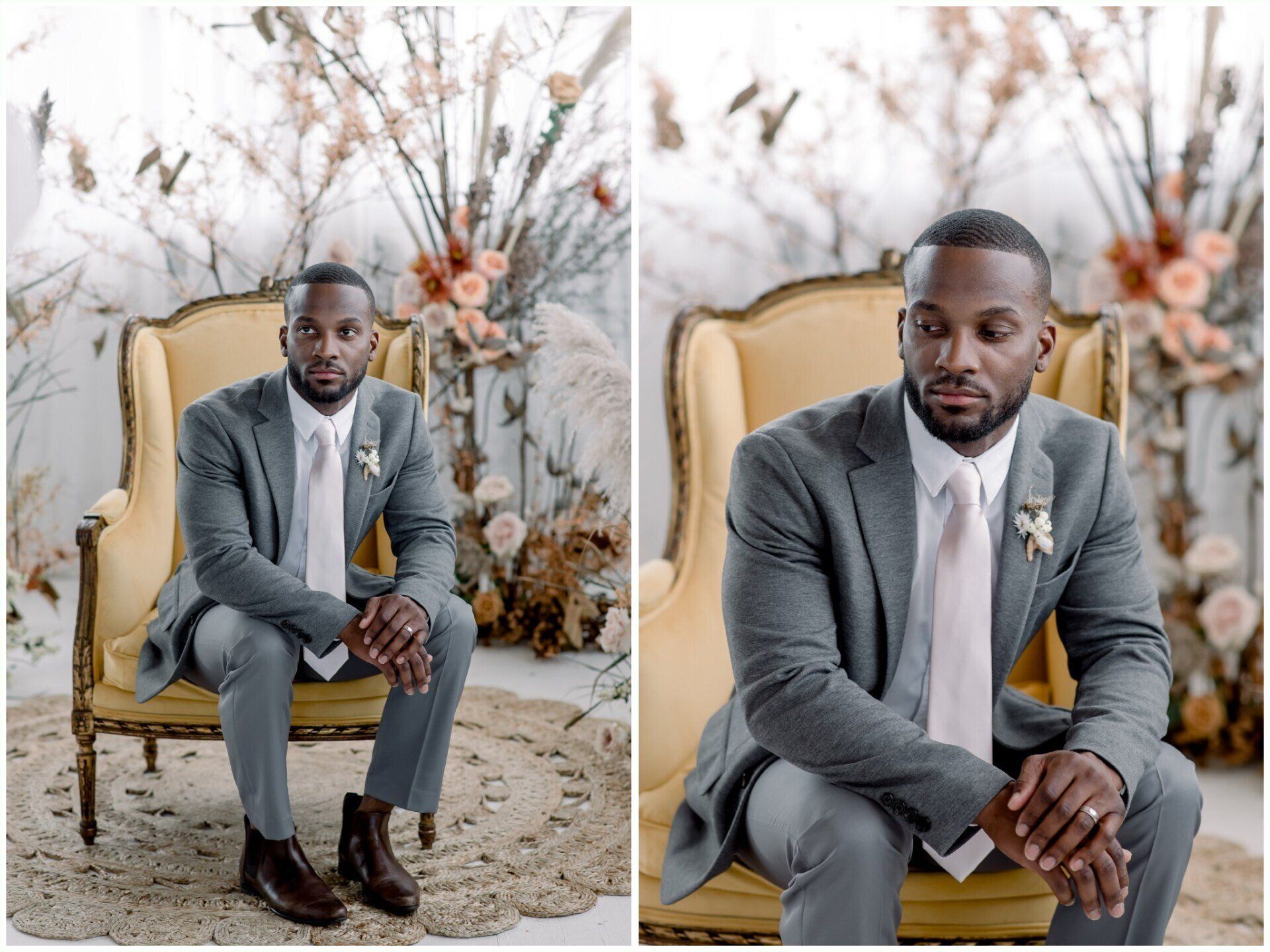 Man in a gray suit seated on a beige chair in a floral studio setting