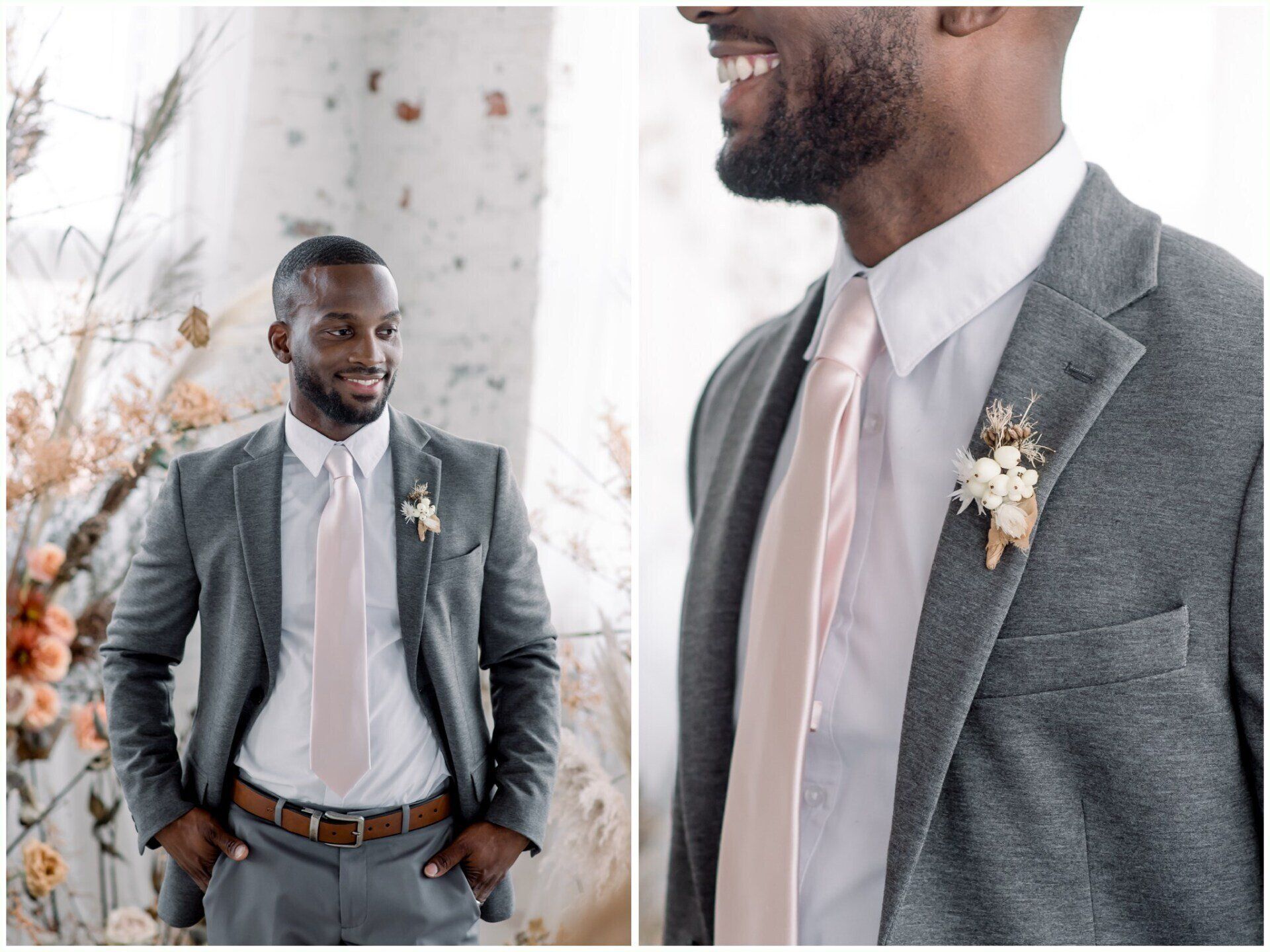 Man in gray blazer and pink tie standing indoors, with a close-up of his boutonniere and jacket lapel