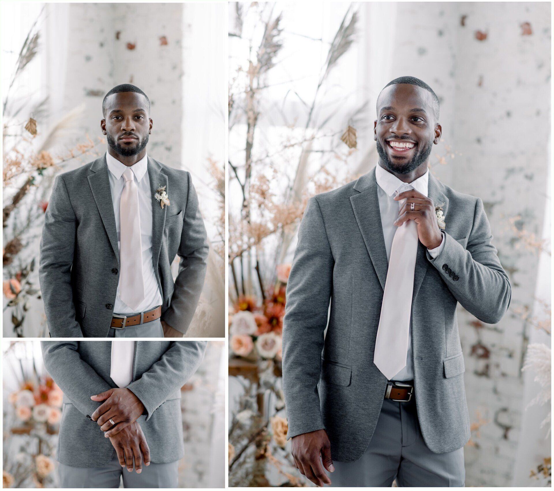 Man in gray suit posing indoors beside a close-up of clasped hands, in a bright floral setting