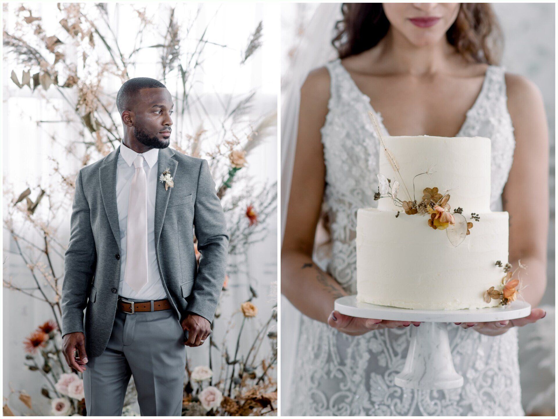 Wedding portrait beside a tiered white cake, with a groom in a gray suit and a bride in a lace dress