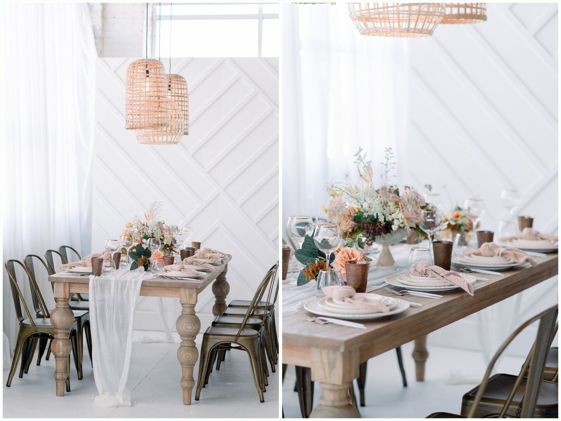 Elegant banquet tables with white linens, floral centerpieces, and woven pendant lights in a bright room