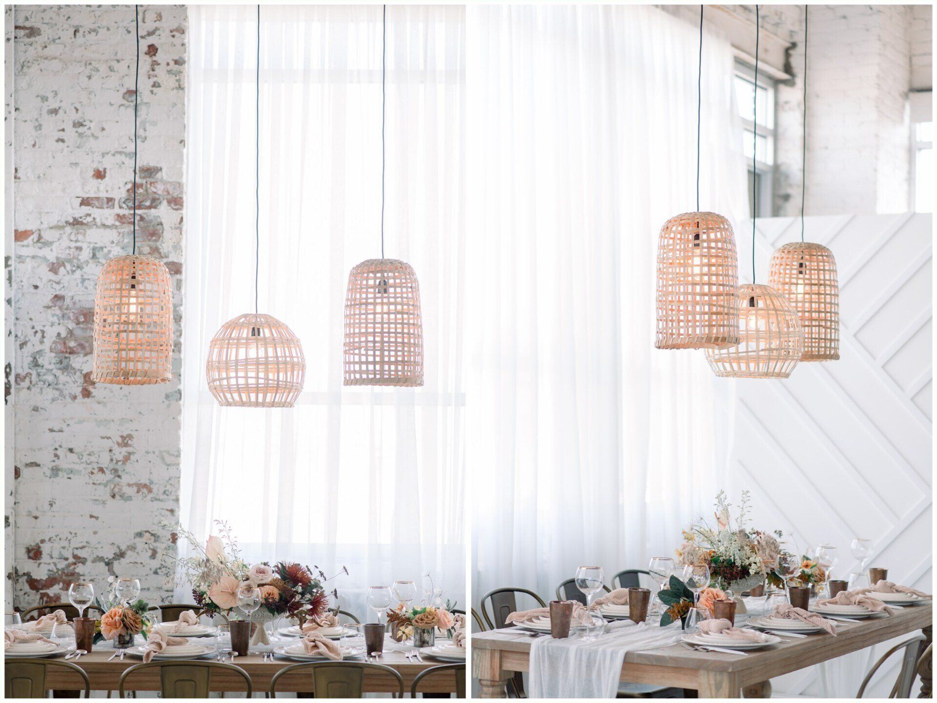 Bright wedding reception with white drapes, woven pendant lights, and decorated dining tables