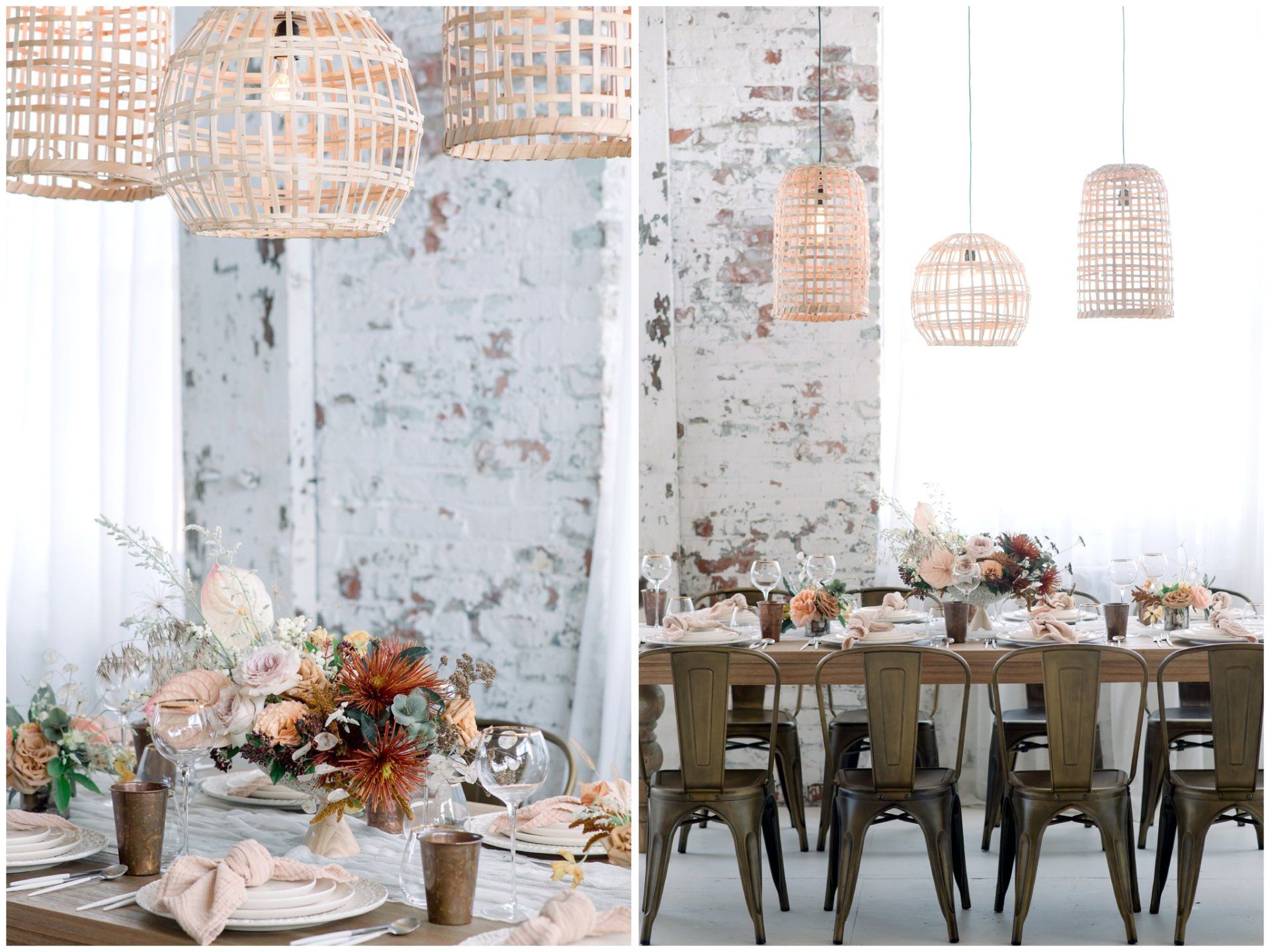 Rustic wedding reception table with floral centerpieces and wicker pendant lights in a bright room