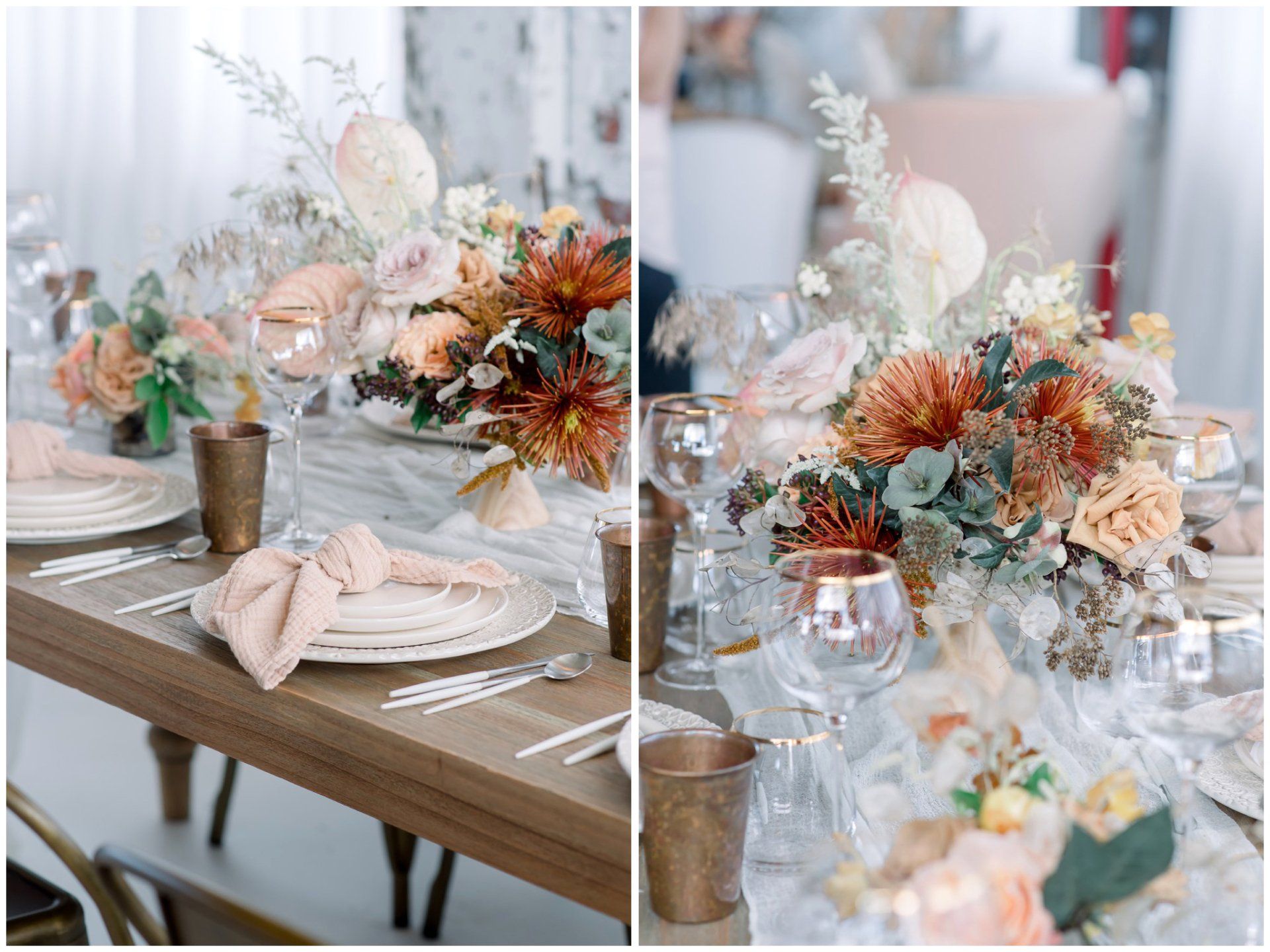 Elegant banquet table set with blush and peach floral centerpieces, glassware, and folded napkins
