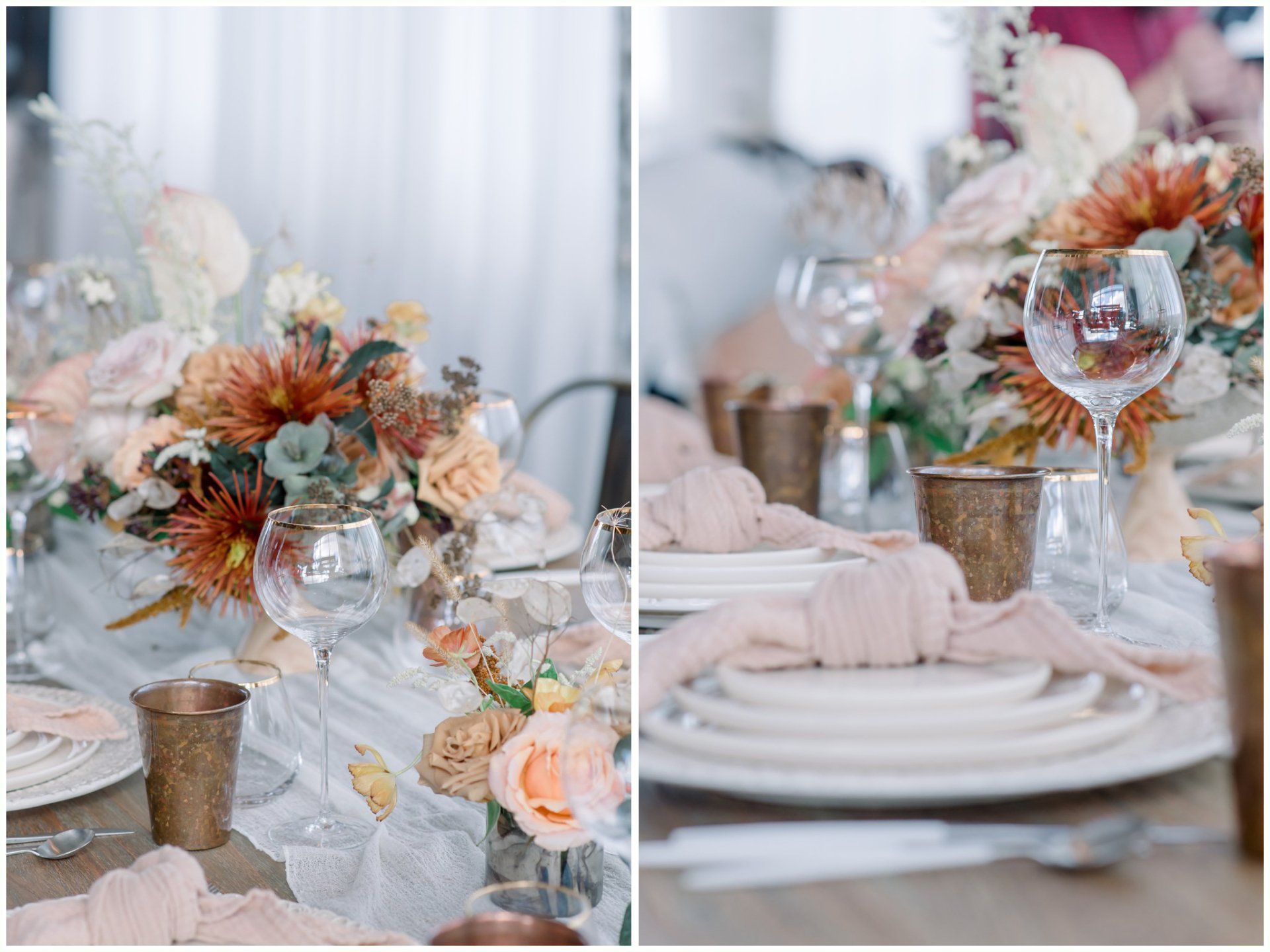 Elegant wedding table setting with blush florals, stacked plates, gold accents, and crystal glassware