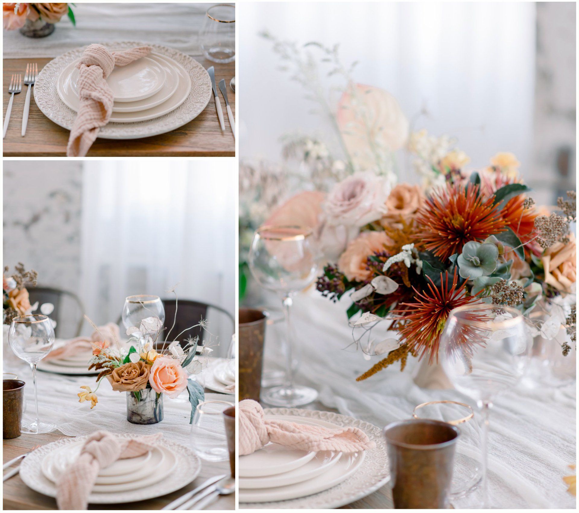 Soft peach-and-white wedding table setting with layered plates and floral centerpiece