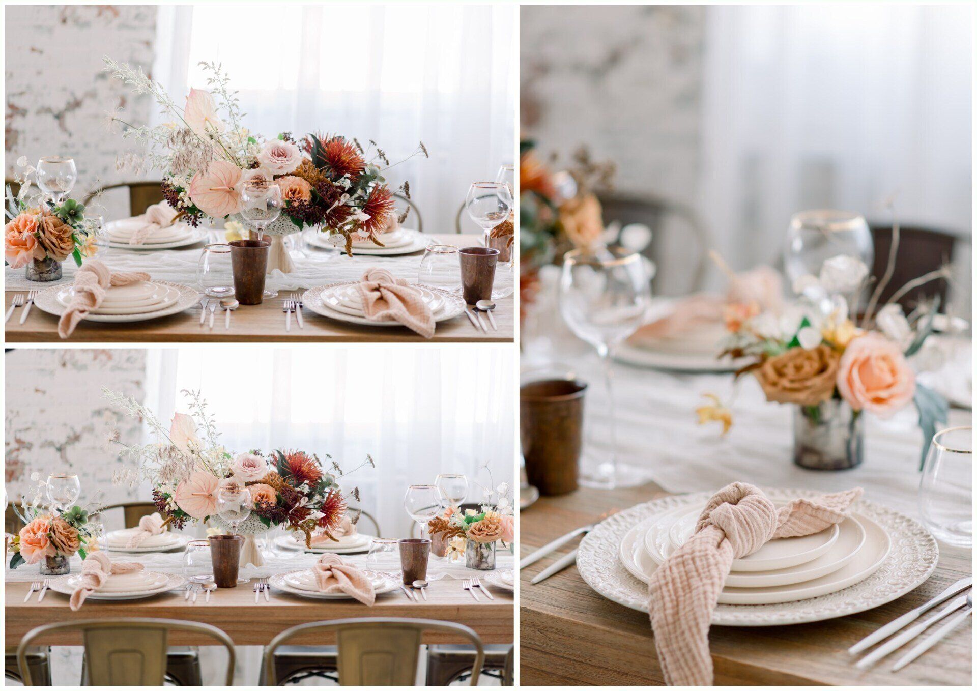 Elegant dining table with blush florals, candles, and woven napkins in a soft white setting