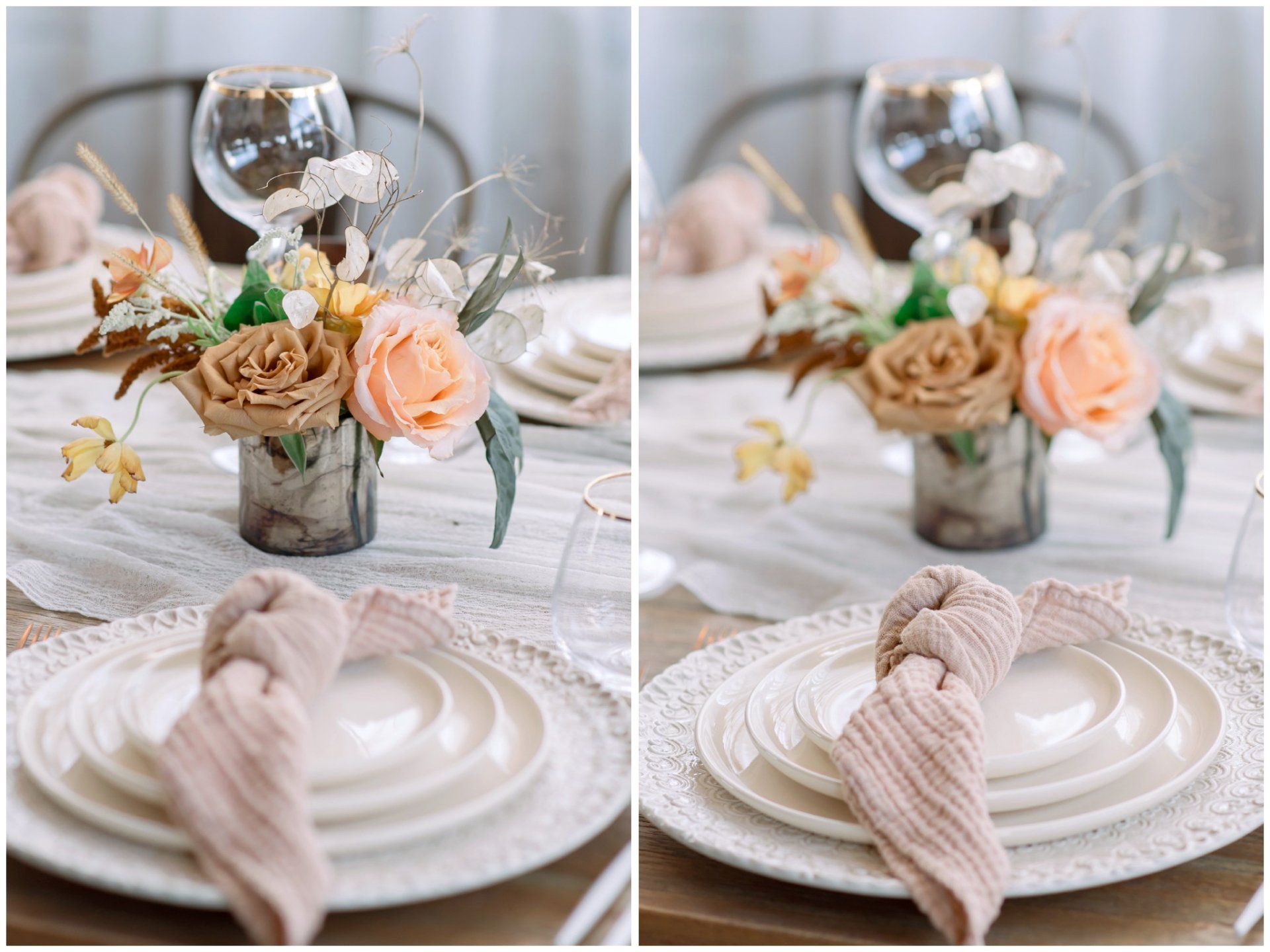 Elegant white and beige table setting with floral centerpiece, glassware, and folded napkins on plates