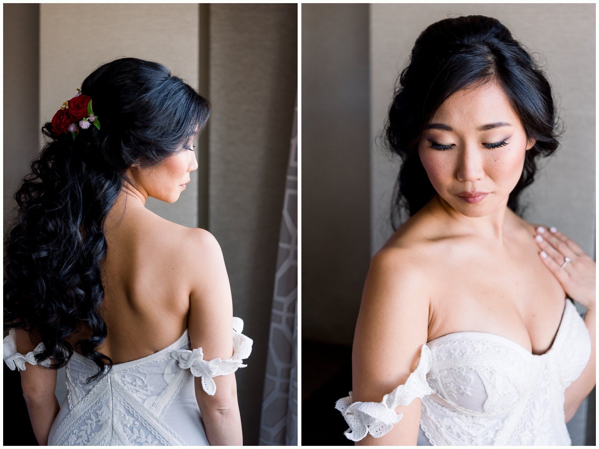 Bride in a white off-shoulder gown, shown in profile and three-quarter view with dark curled hair and a flower accessory