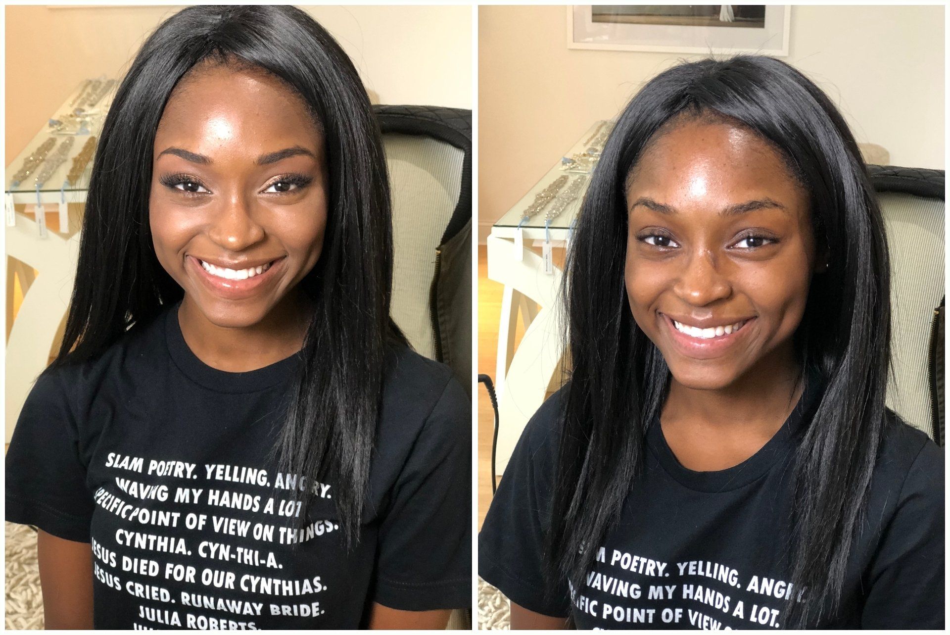 Two side-by-side portraits of a smiling woman in a black T-shirt, showing different hairstyles.