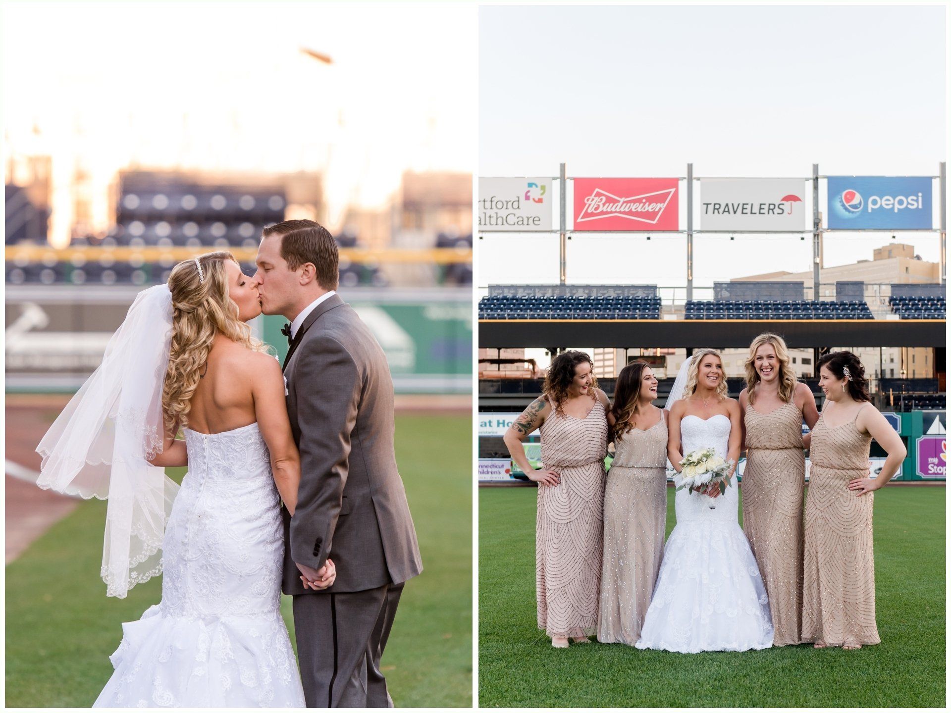Wedding couple and bridesmaids posing on a baseball field before stadium signs at sunset