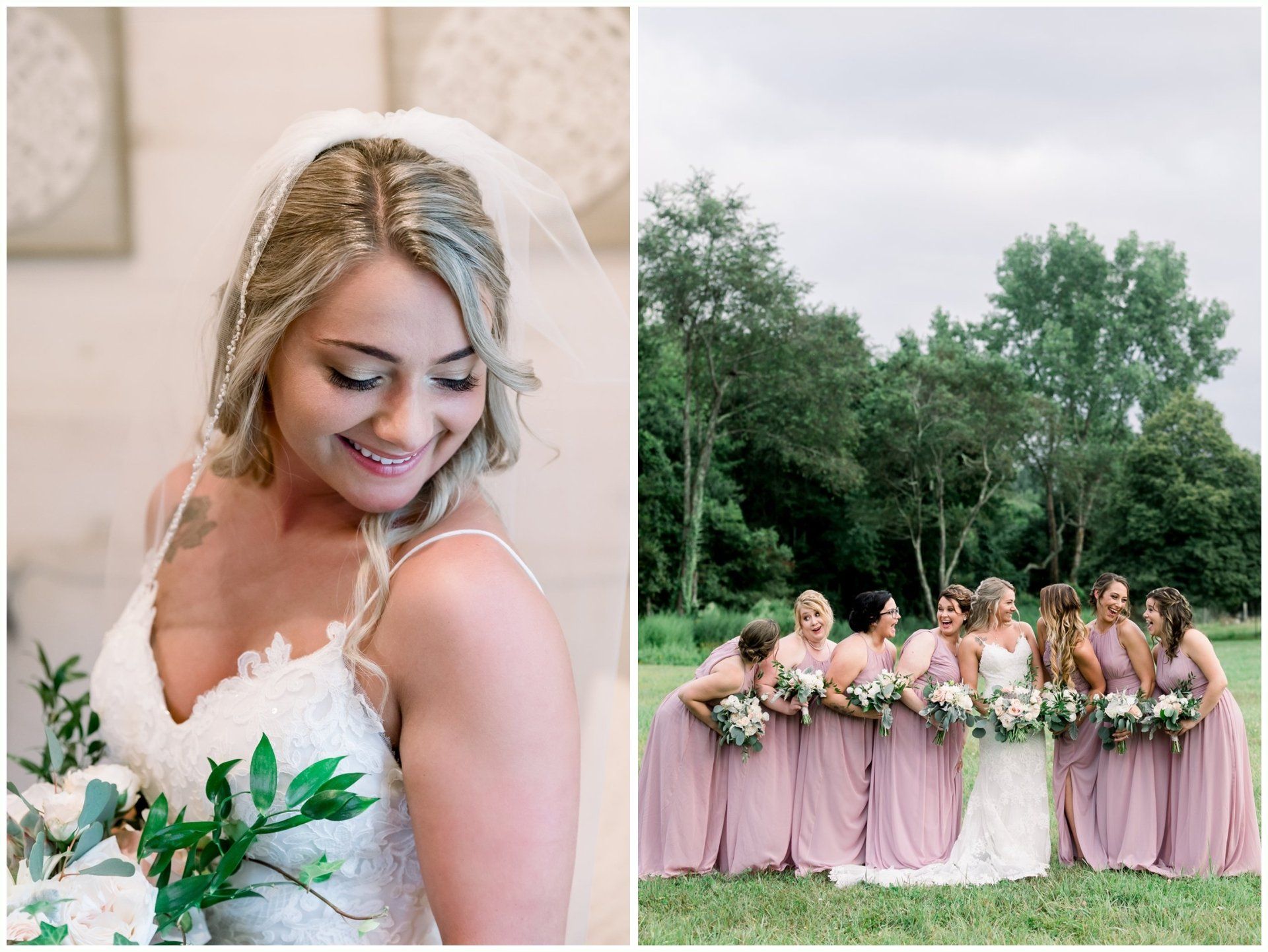 Bride in white dress with veil and bouquet, beside bridesmaids in pink dresses outdoors