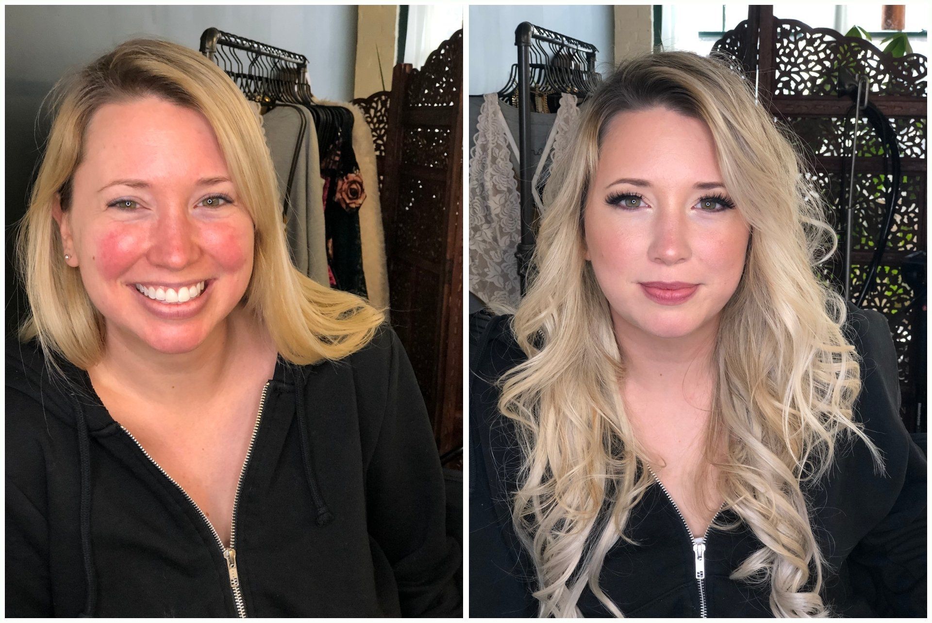 Side-by-side portrait of a woman before and after makeup and hairstyling.
