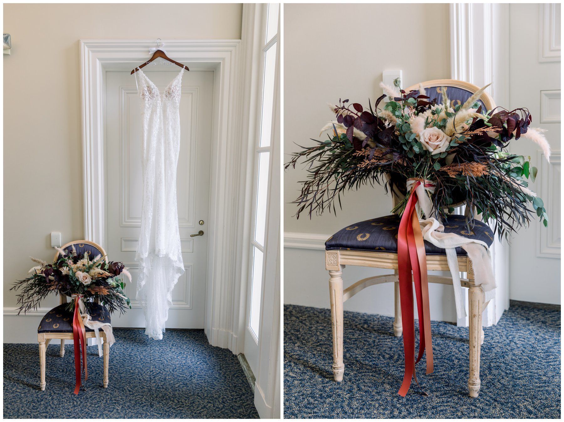 White wedding dress on hanger beside floral arrangement with ribbon on a chair in a room