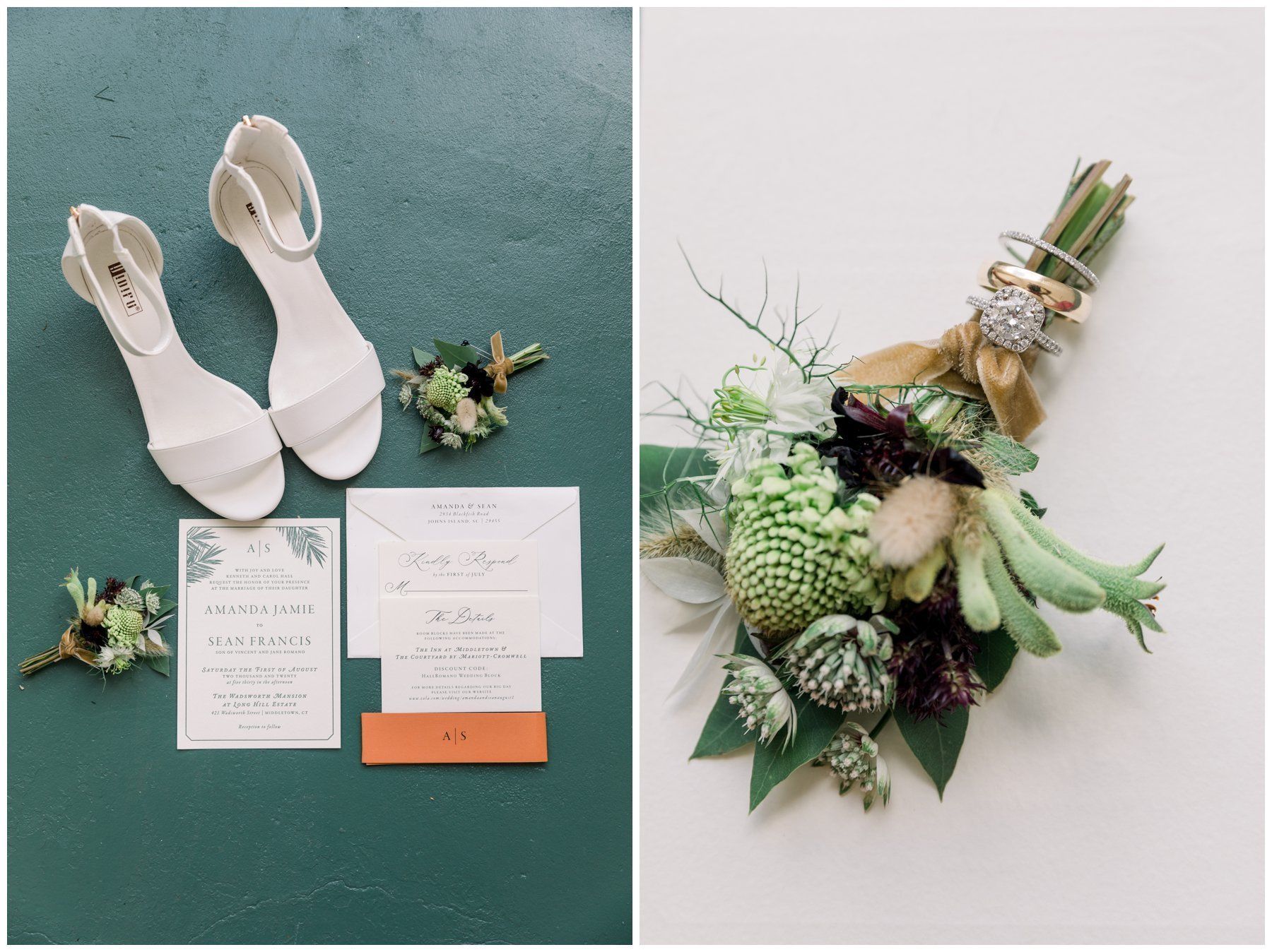 Wedding shoes and invitation set with green floral bouquet on a teal and white background