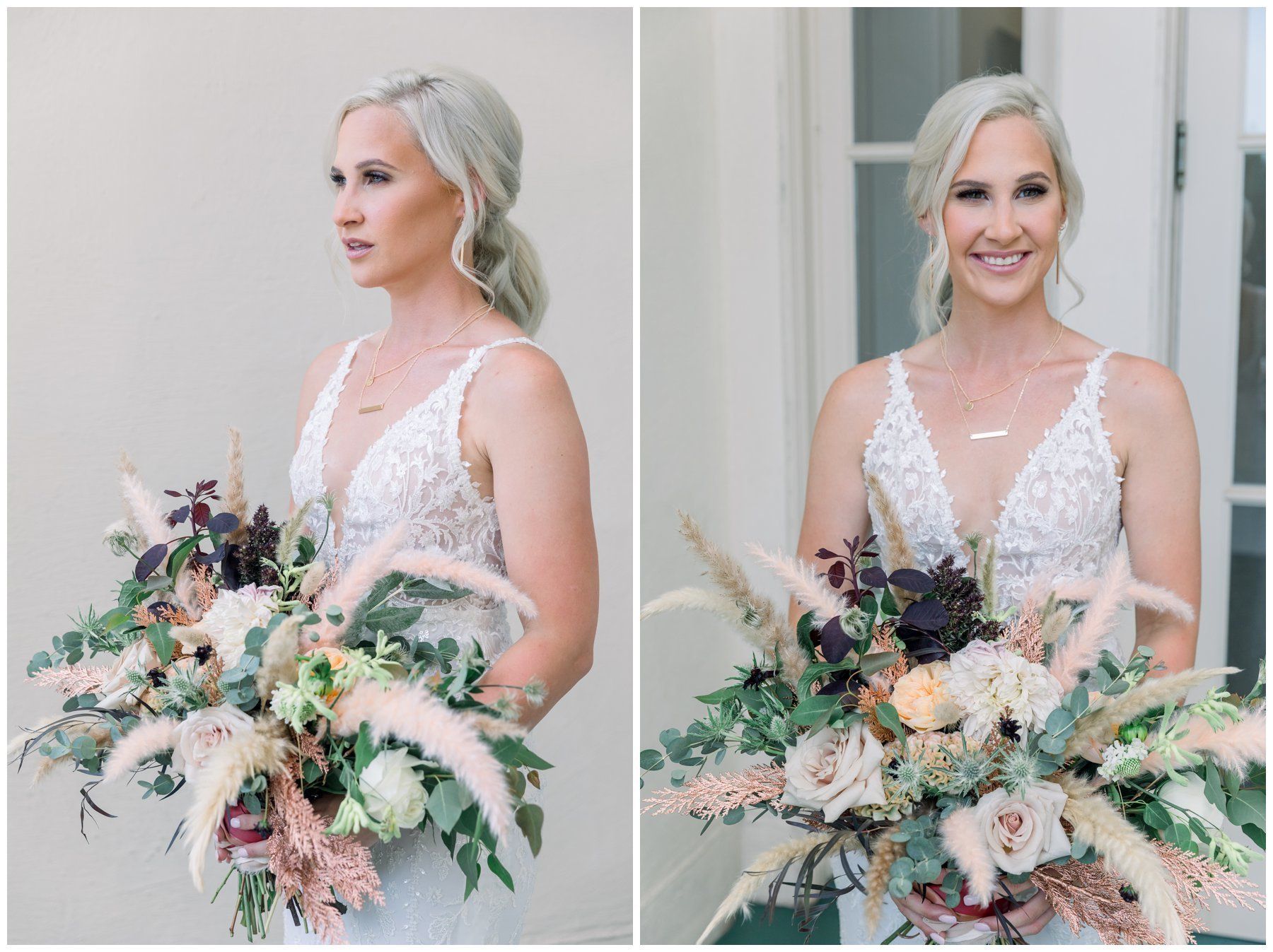 Bride holding a large pastel bouquet in a light lace dress, shown in two poses against a soft indoor backdrop.