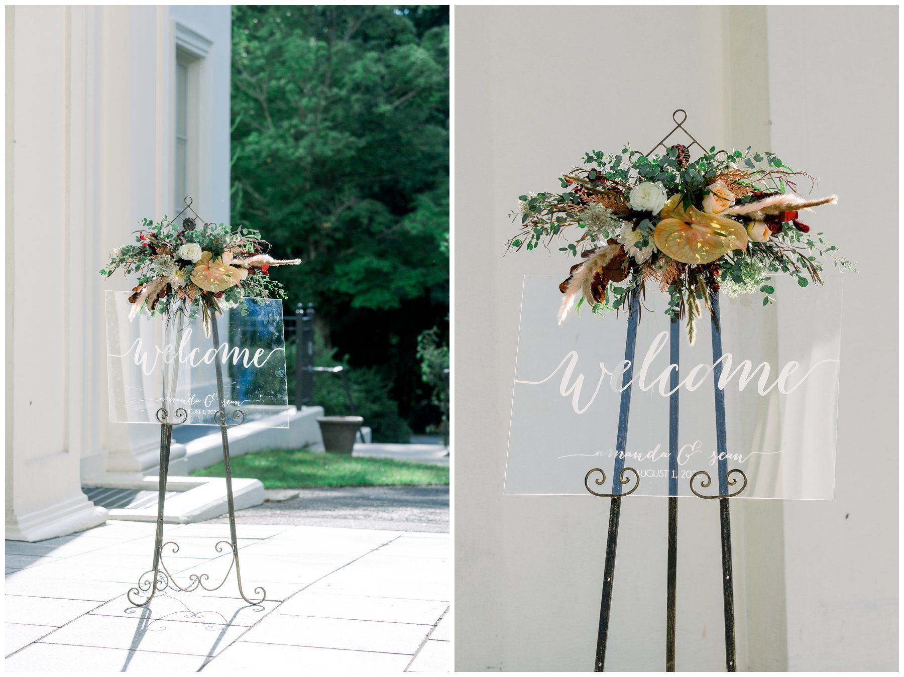 Welcome sign on a black stand with flowers, placed outside white columns and greenery, in two views.