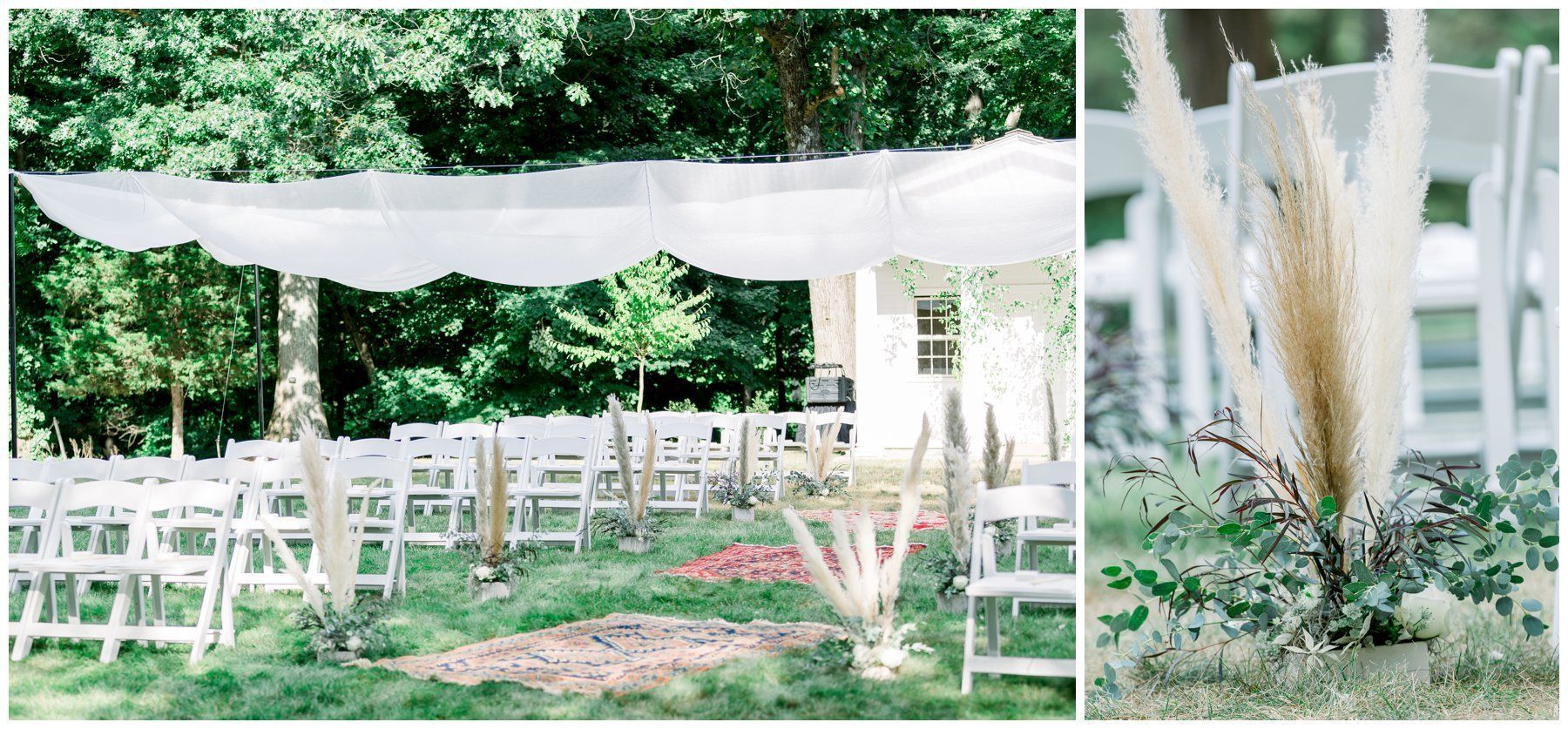 Outdoor wedding setup with white chairs, draped canopy, and pampas grass amid green trees