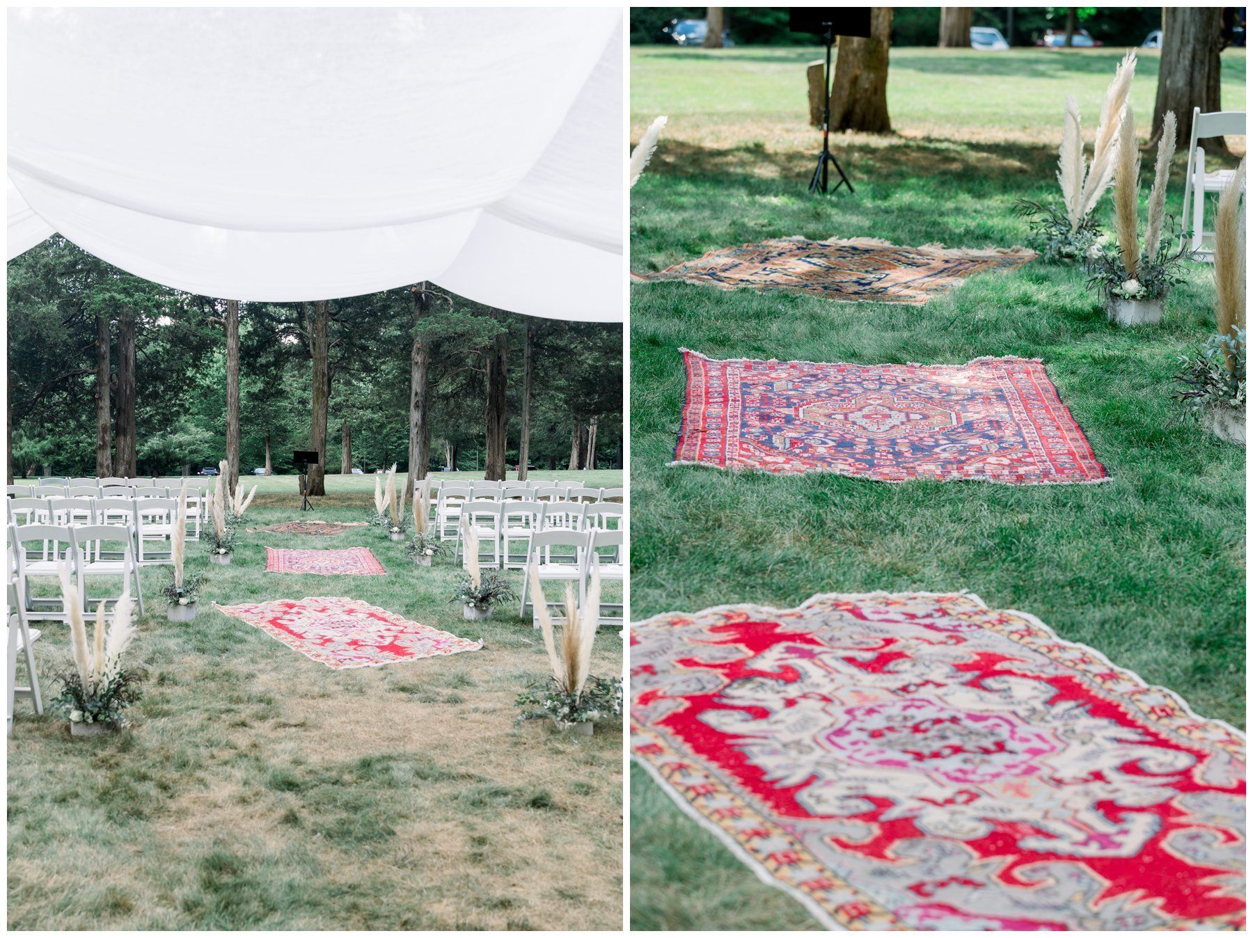 Outdoor wedding setup with white chairs, a draped canopy, and pink patterned rugs on grass.