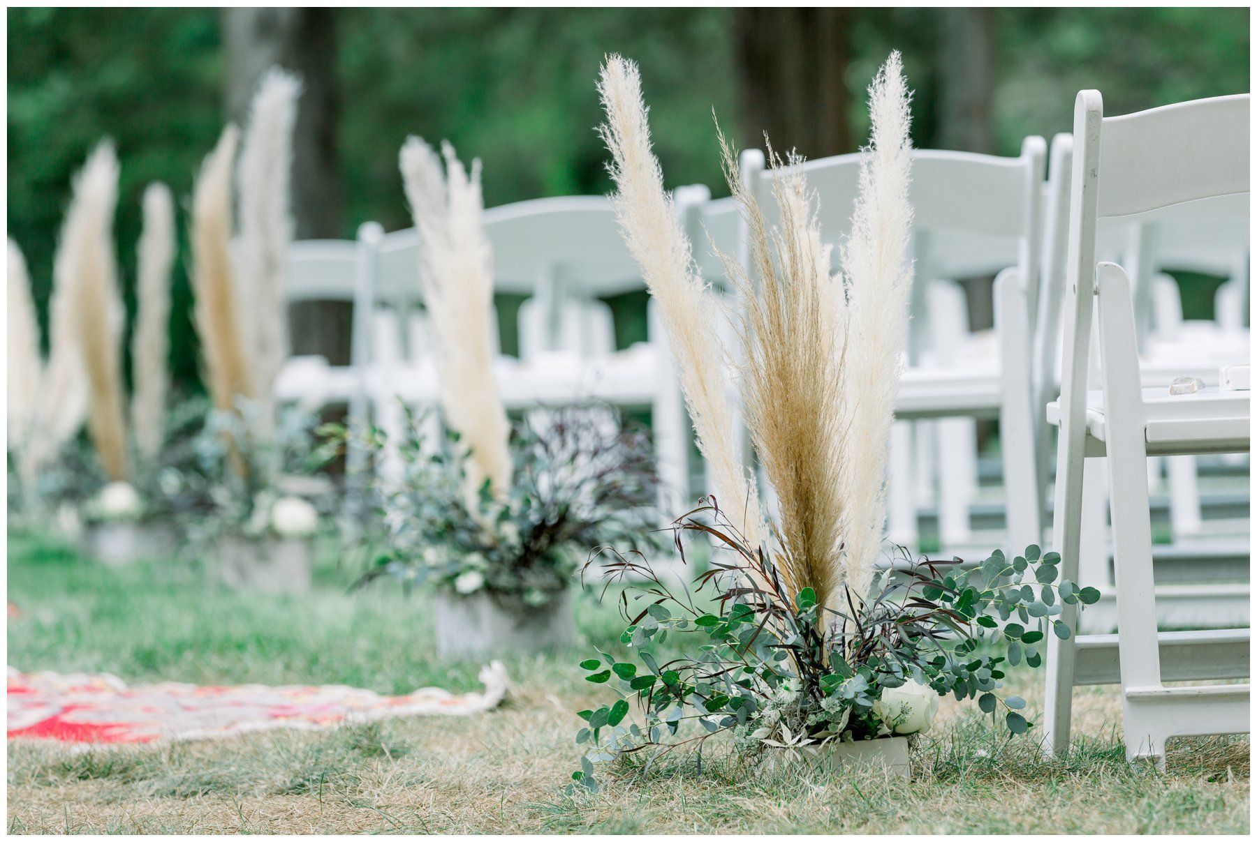 White garden chairs and pampas grass-lined aisle in a wedding venue garden