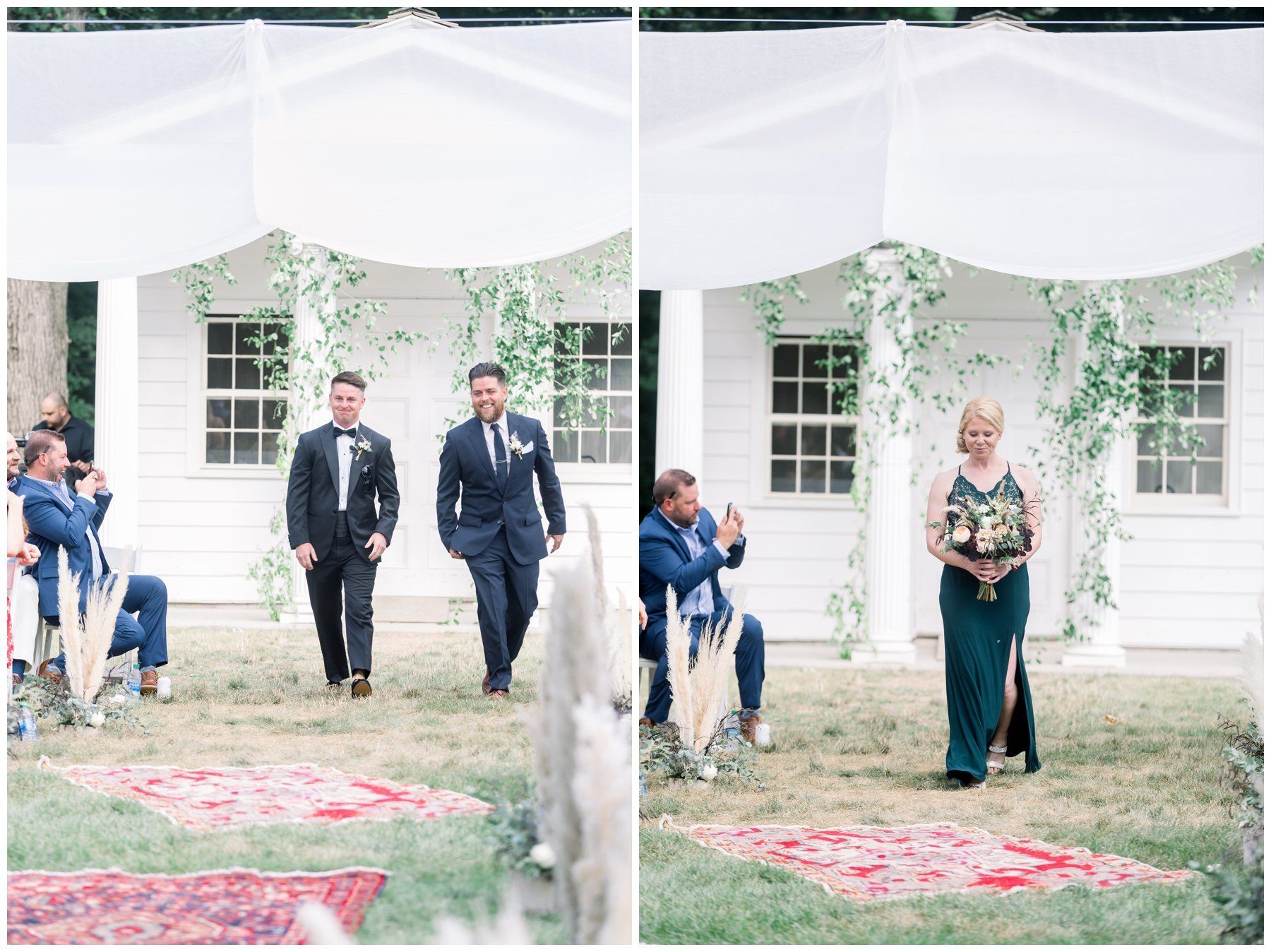Bride and groom walking under a white canopy at an outdoor wedding ceremony