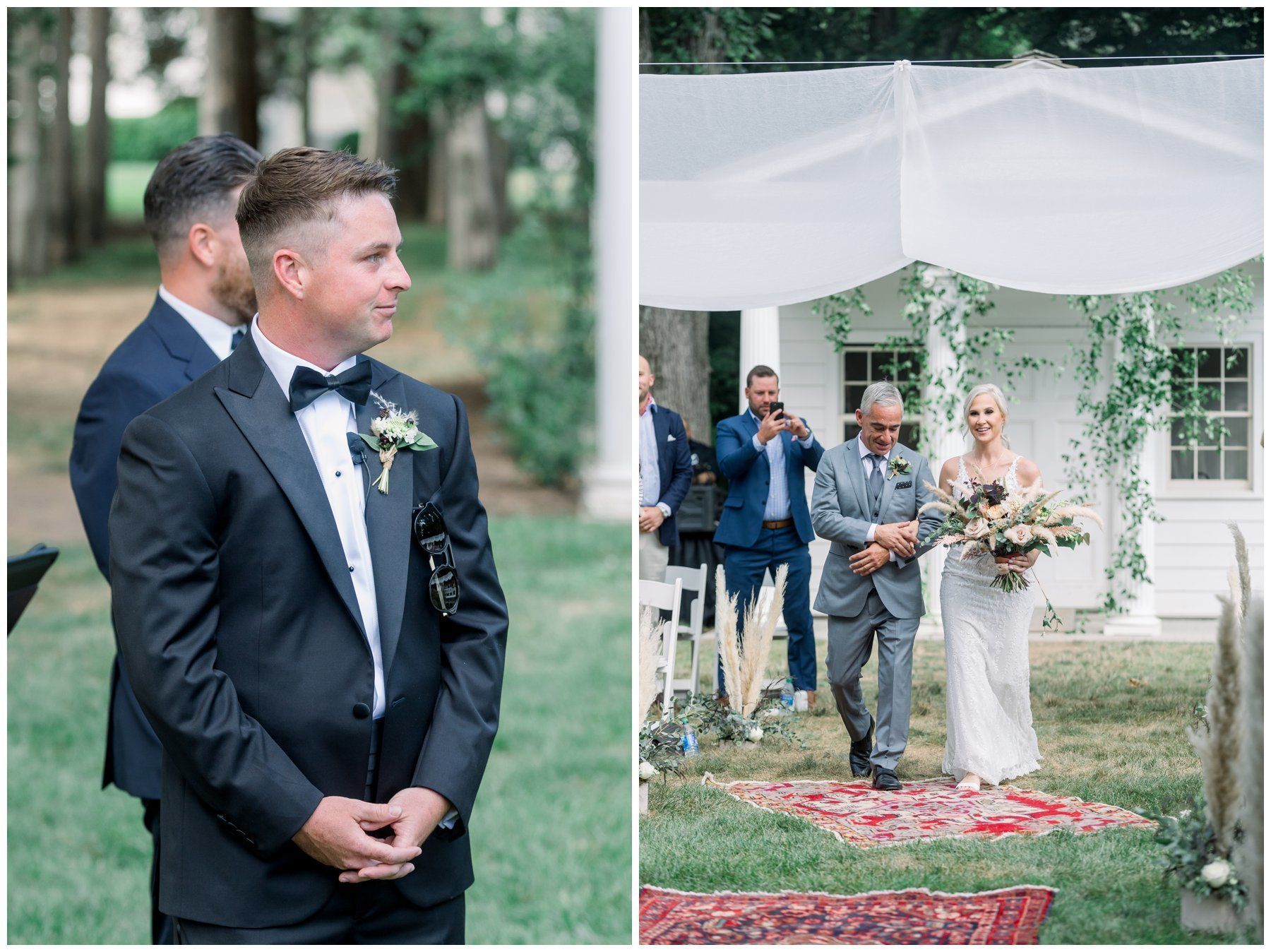 Outdoor wedding ceremony with bride walking beneath white drapes, groom in black tuxedo at left.
