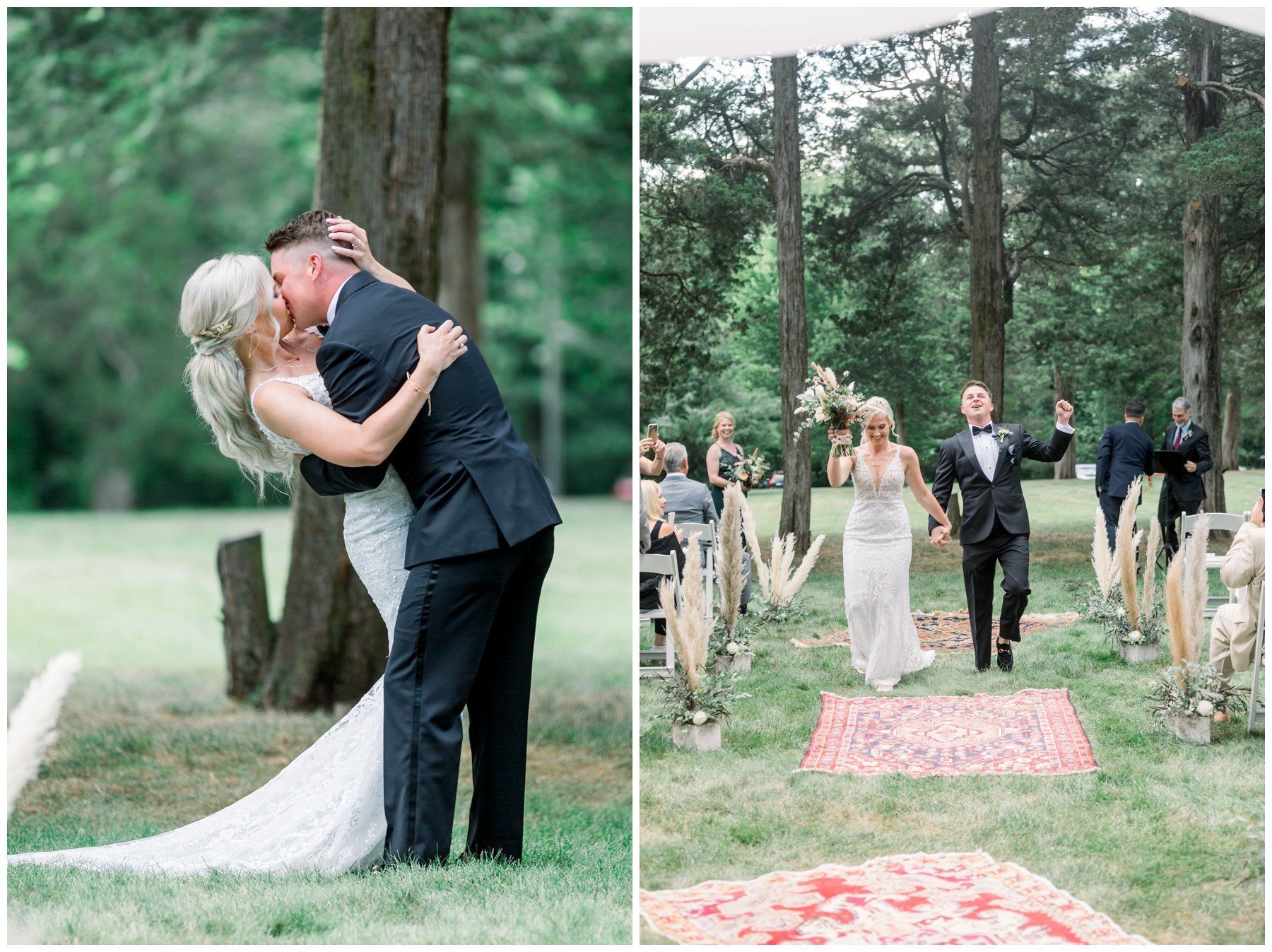 Bride and groom kiss outdoors on a tree-lined lawn during an outdoor wedding ceremony