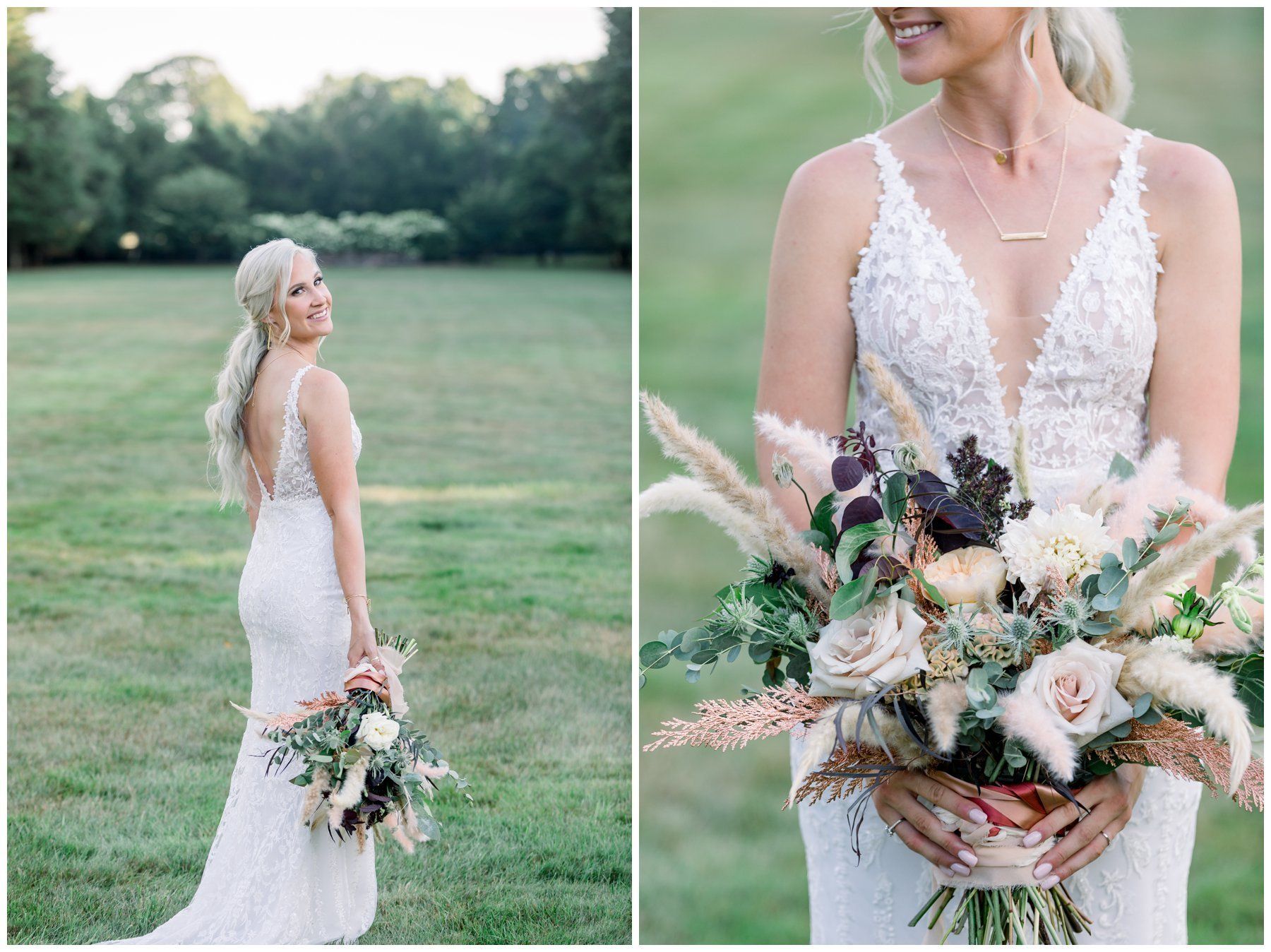 Bride in a white lace gown holding a pastel bouquet, shown in a field and close-up at sunset
