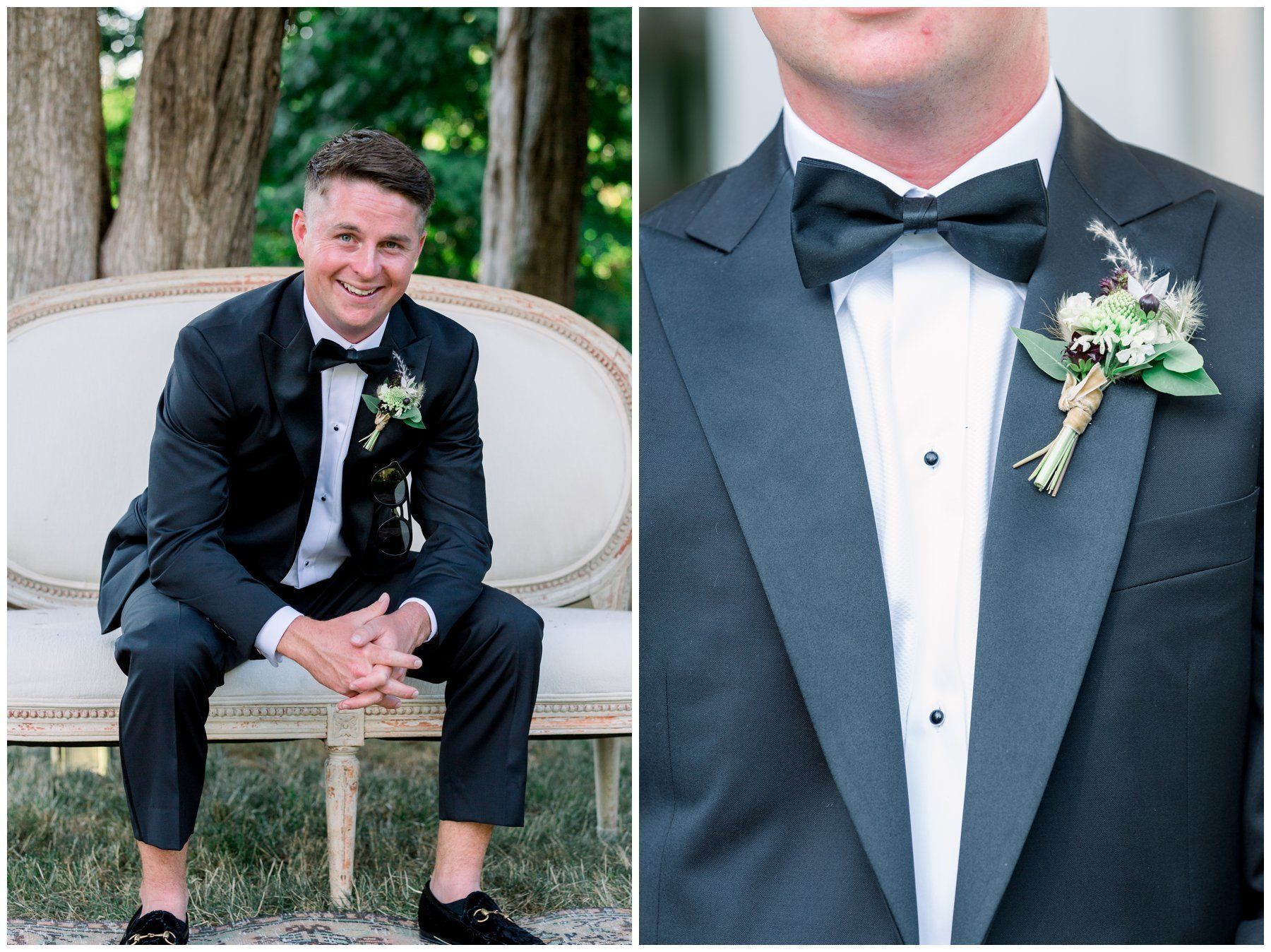 Man in black tuxedo sitting on a white bench, with a close-up of his boutonniere and bow tie.