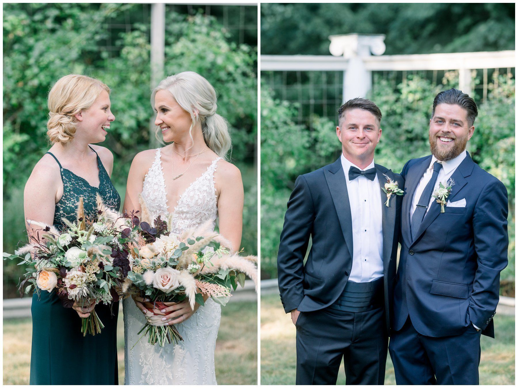 Two wedding couples pose outdoors, smiling and holding bouquets in formal attire.