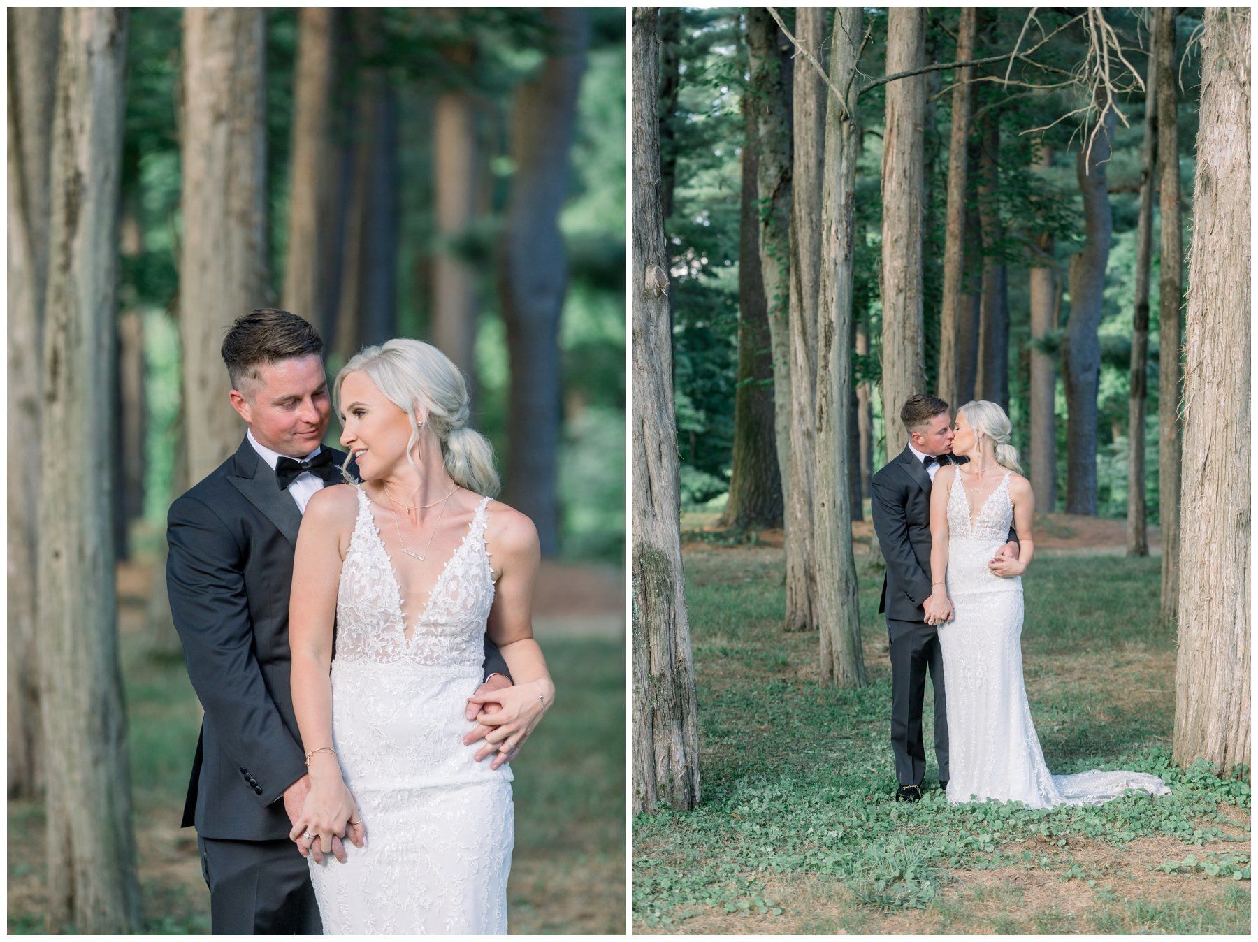 Bride and groom embrace in a wooded park, with the bride in a white lace gown and the groom in a dark suit.