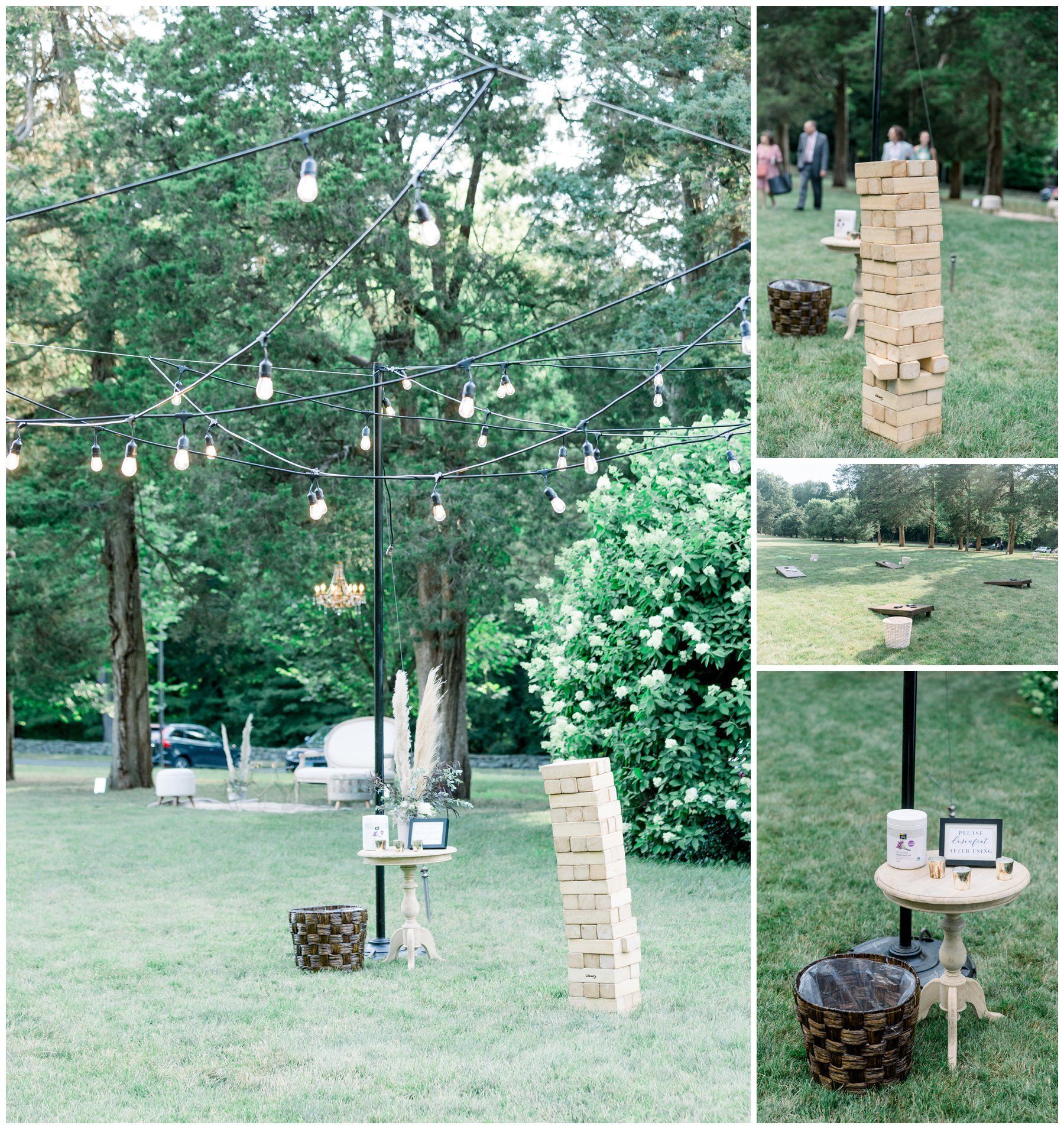 Outdoor game setup with giant Jenga, string lights, and small tables in a wooded park