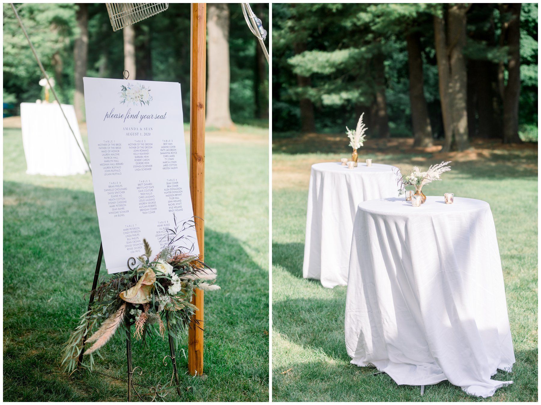 Outdoor wedding seating chart and cocktail tables on a grassy lawn with white linens and floral arrangements