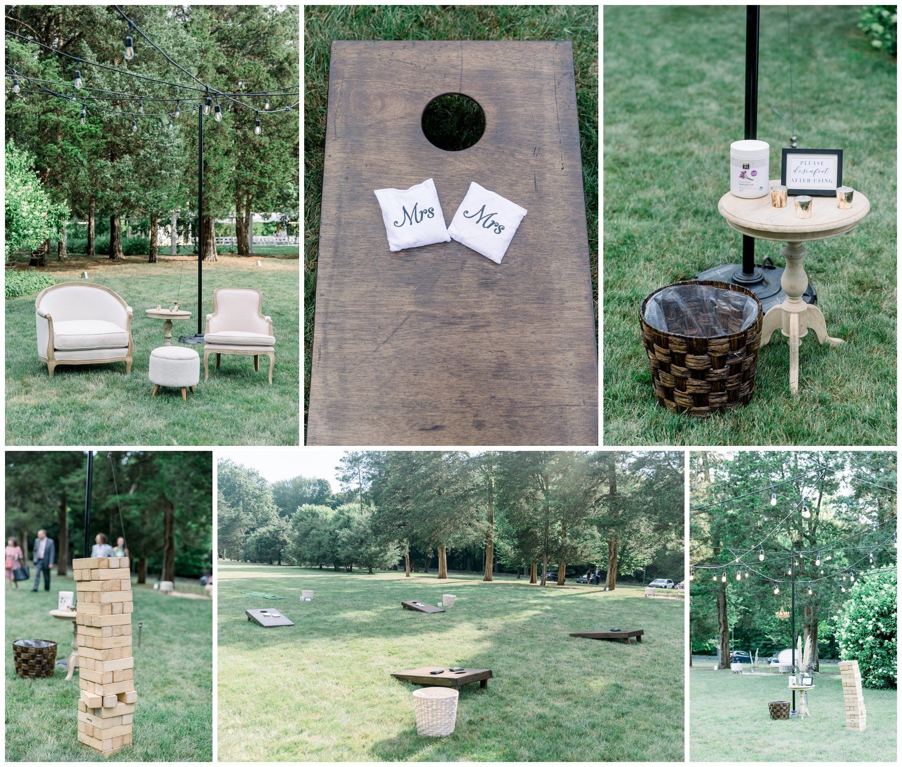 Outdoor pet memorial/reading station in a park with benches, signs, a cat tree, and small tables on grass